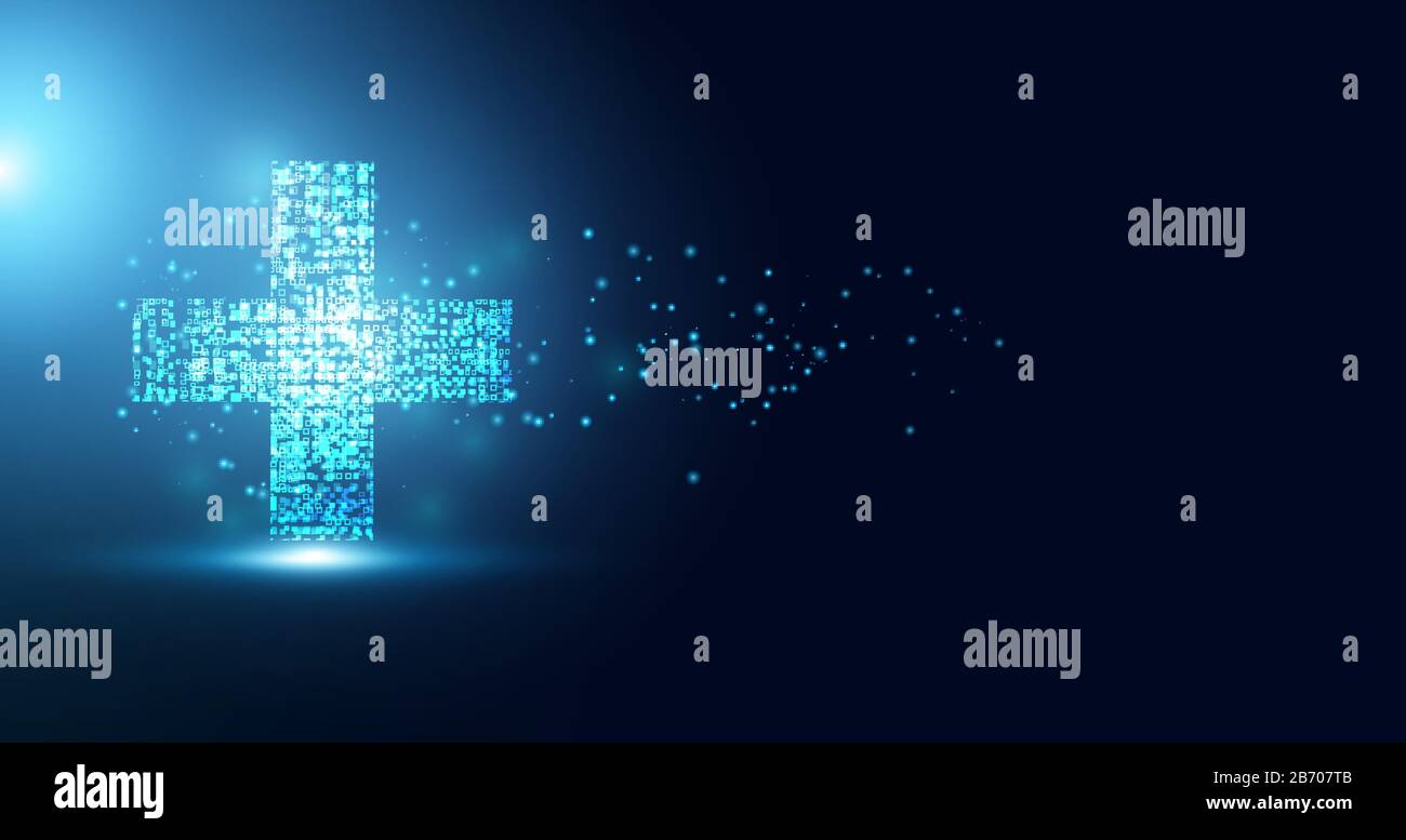 La scienza astratta della salute consiste in salute più tecnologia digitale concetto di moderna tecnologia medica, Trattamento, medicina su hi tech futuro sfondo blu Illustrazione Vettoriale