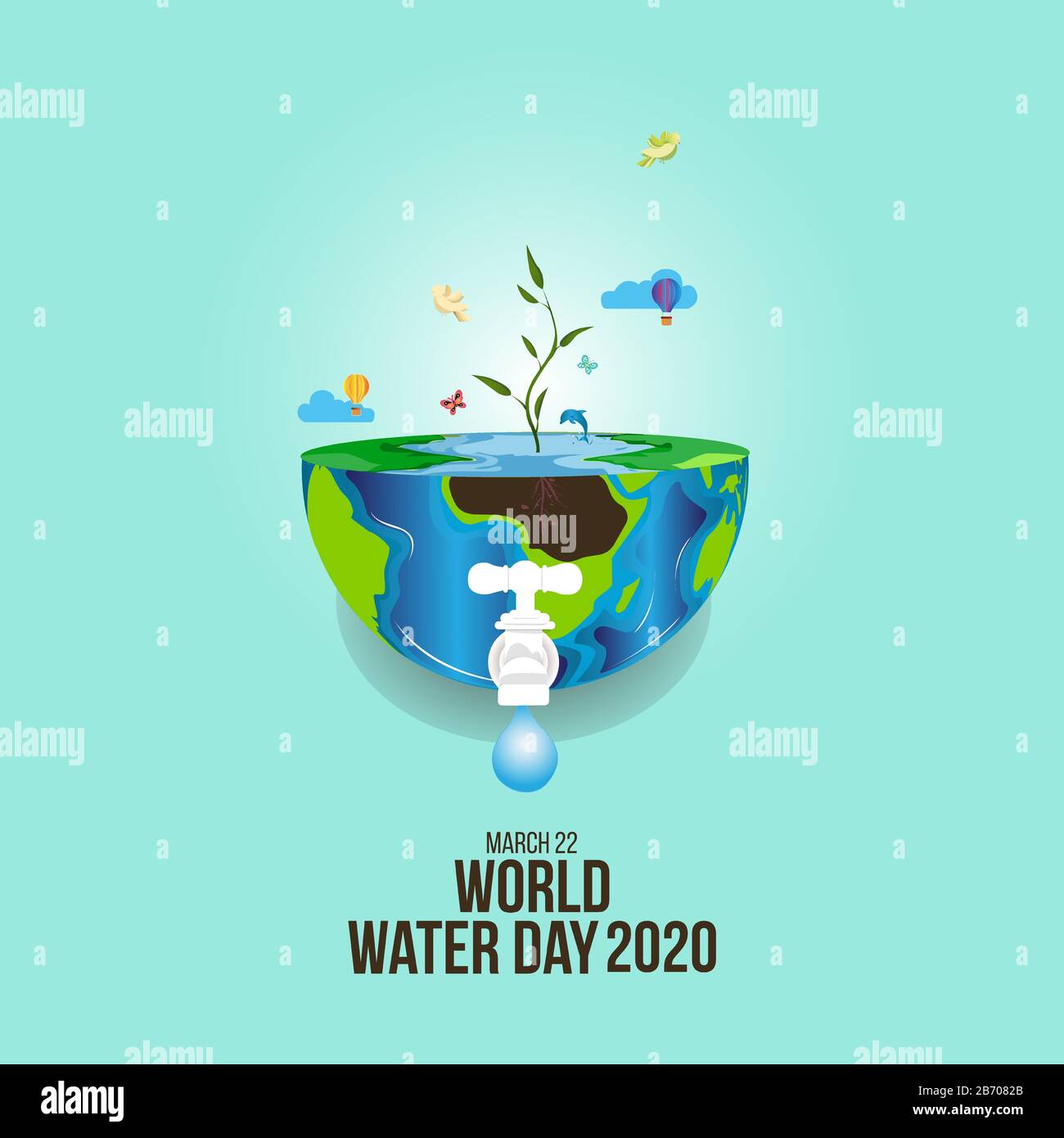 giornata mondiale dell'acqua - rubinetto o rubinetto d'acqua con una goccia di acqua fuori terra Illustrazione Vettoriale