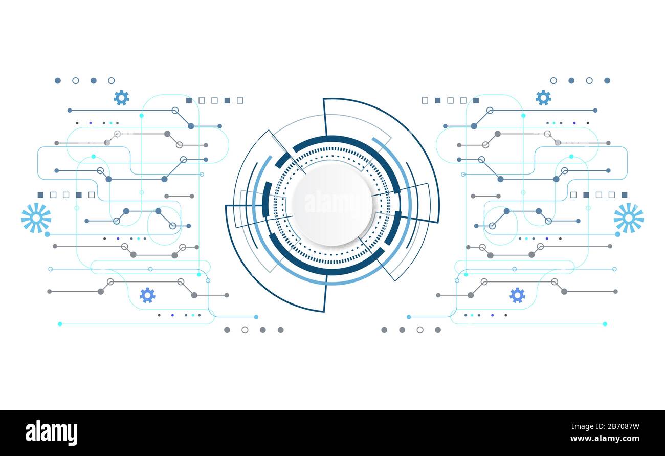 Tecnologia astratta futuristica concetto di circuito stampato hi-tech computer digitale cerchio bianco su sfondo grigio. Illustrazione Vettoriale