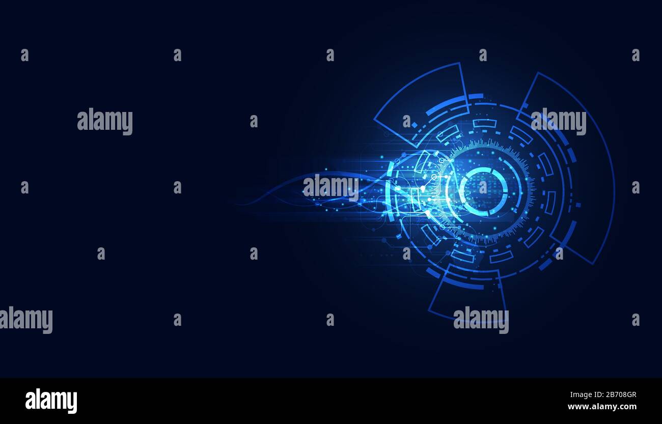 Moderno Abstract tecnologia concetto comunicazione cerchio circuiti digitali su sfondo blu e innovazione hi tech futuro design background, vettore ill Illustrazione Vettoriale