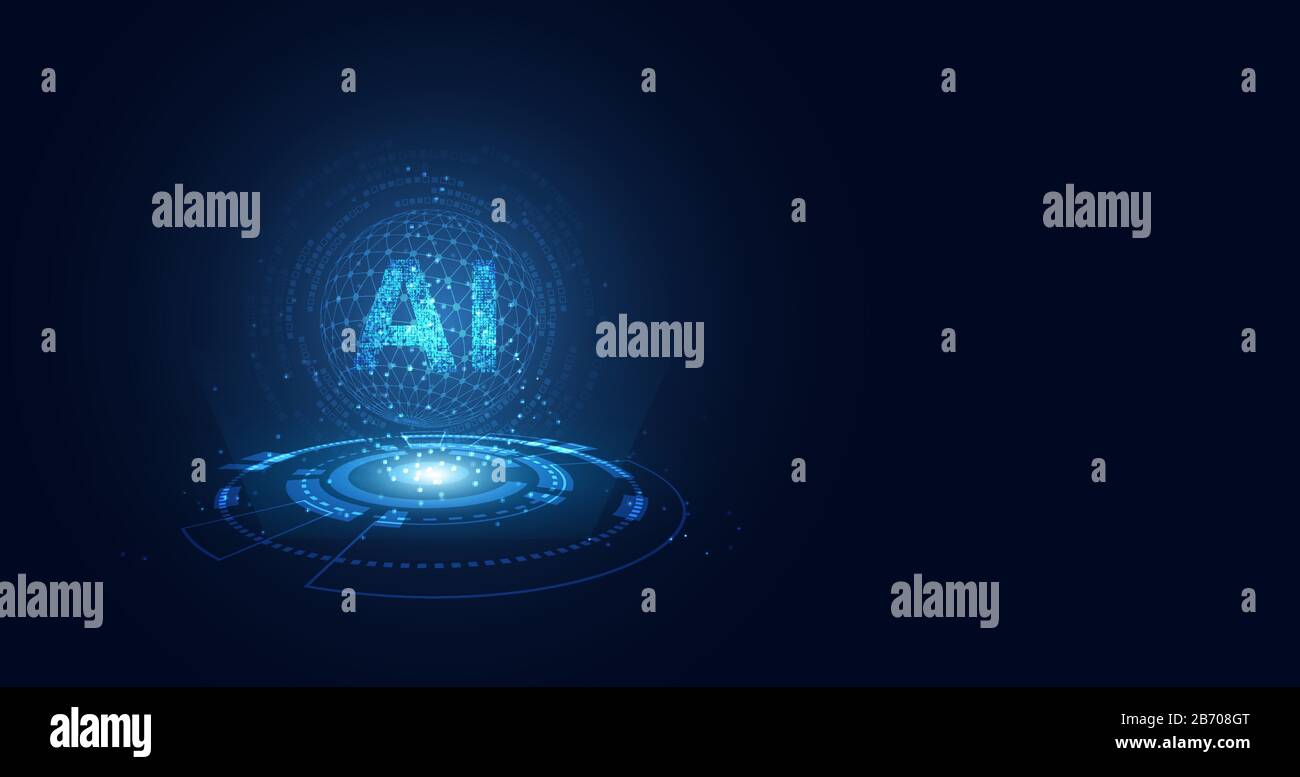 Tecnologia astratta ai computing su cerchio concetto dati di lavoro di intelligenza artificiale e futuristico digitale per il futuro su sfondo blu scuro. Illustrazione Vettoriale