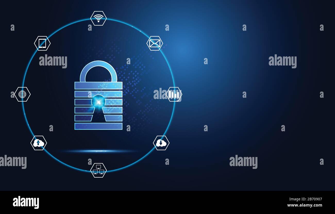 Tecnologia astratta cyber sicurezza privacy icona informazioni rete concetto lucchetto protezione rete digitale internet link su hi tech blu futuro ba Illustrazione Vettoriale