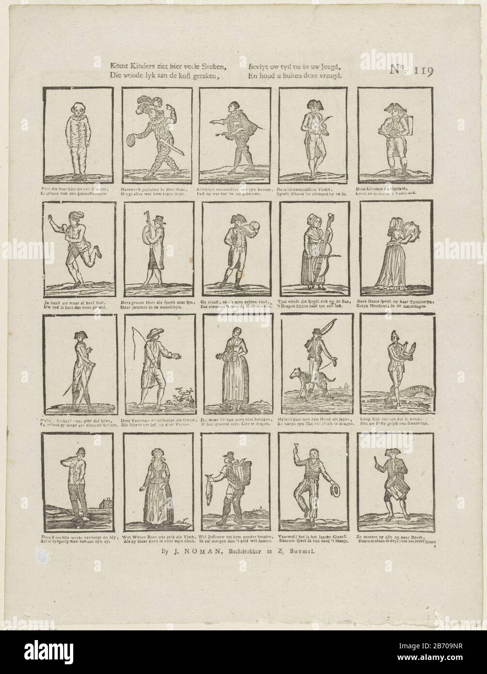 Komt kinders zier hier veele snaken, Die Wonderlyk aan de kost geraken, Bevlit uw tyd nu in uw jeugd, En houd u buiten deze vreugd (titel op object) Leaf con 20 spettacoli di varie figure, come personaggi del teatro, un cacciatore e un pescatore. Sotto ogni immagine un verso a due linee. Numerato in alto a destra: N. 119. Produttore : Editore: Johan Noman (edificio elencato) stampatore: Anonimo luogo fabbricazione: Zaltbommel Data: 1806 - 1830 caratteristiche Fisiche: Legno tagliato e testo materiale di stampa: Carta Tecnica: Legno tagliato / formati di stampa: Foglio: H 411 mm × W 317 mm Oggetto: Attuatore di tipo umano (su t Foto Stock