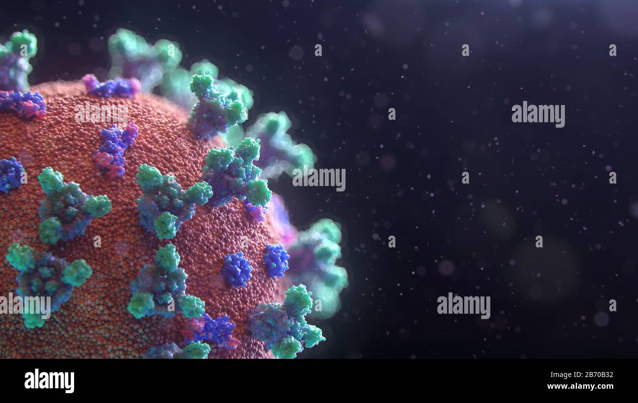 Nuova visualizzazione 3D del virus Covid-19. La maggior parte delle persone infette da Coronavirus sviluppa una grave malattia respiratoria acuta con sintomi di febbre, tosse e respiro corto. Credit: Fusion Medical Animation/Alamy Live News Foto Stock