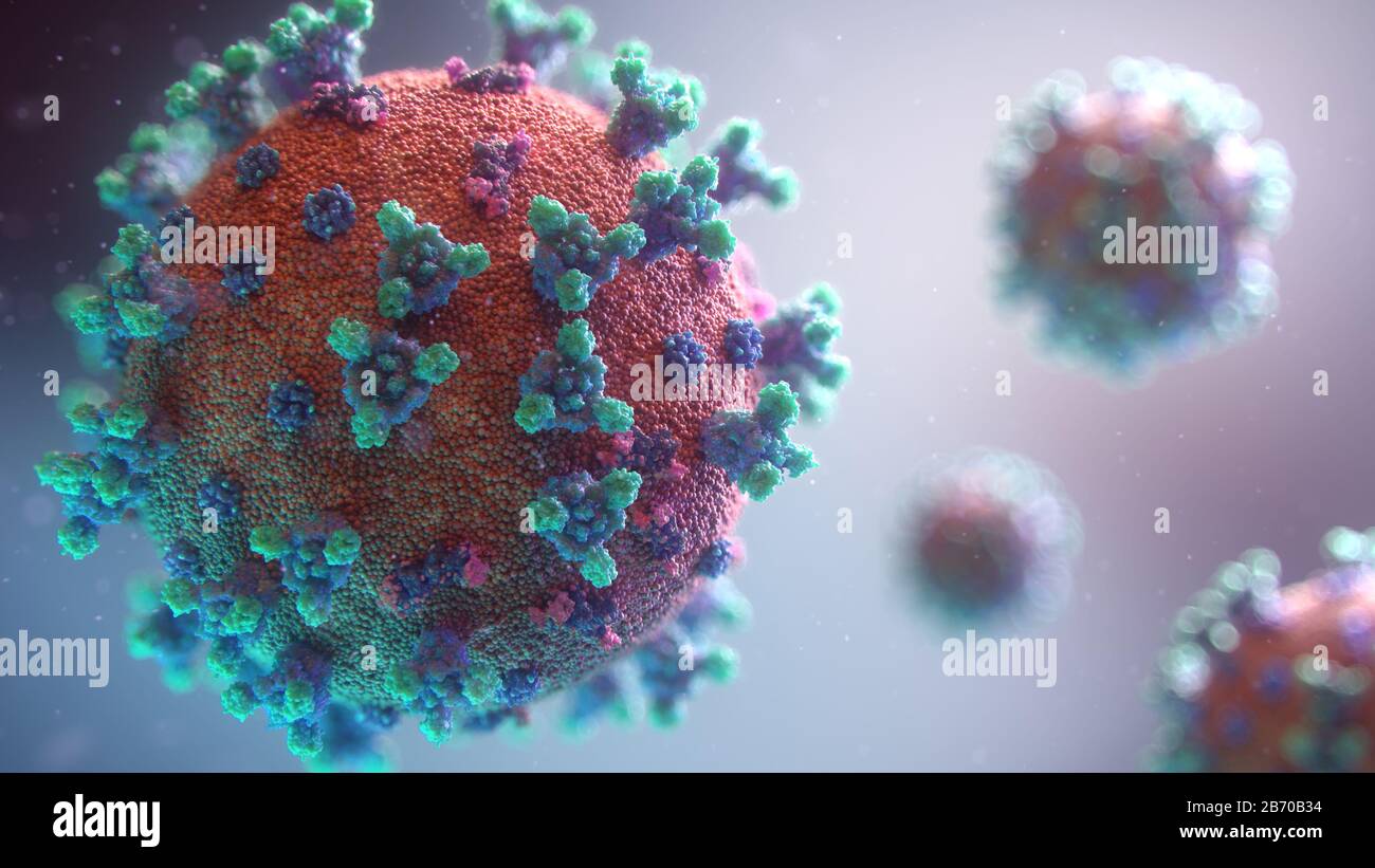 Nuova visualizzazione 3D del virus Covid-19. La maggior parte delle persone infette da Coronavirus sviluppa una grave malattia respiratoria acuta con sintomi di febbre, tosse e respiro corto. Credit: Fusion Medical Animation/Alamy Live News Foto Stock