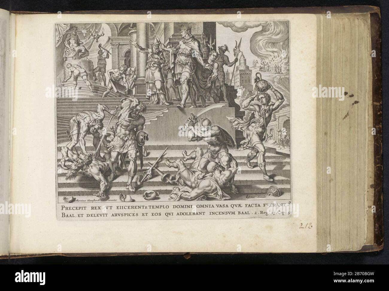 Il re Giosia ordina di uccidere il tempio di Baal per distruggere e i sacerdoti di Baal. Tutti gli oggetti creati in onore dell'idolo bruciato al di fuori della città. Destra per vedere il fuoco. Tra gli spettacoli in 2 Si Potrebbe fare riferimento in latino alla Bibbia. 23:4. Questa stampa fa parte di un album. Produttore : stampatore: Anonimo da stampare da Philips Gall a disegno: Maarten van Heemskerck (edificio elencato) editore Claes Jansz. Visscher (II) (oggetto) editore: John Philipsz SchabaeljePlats produttore: Editore: Amsterdam Editore: Alkmaar Datato: 1643 e / o 1646 caratteristiche Fisiche: ENG Foto Stock