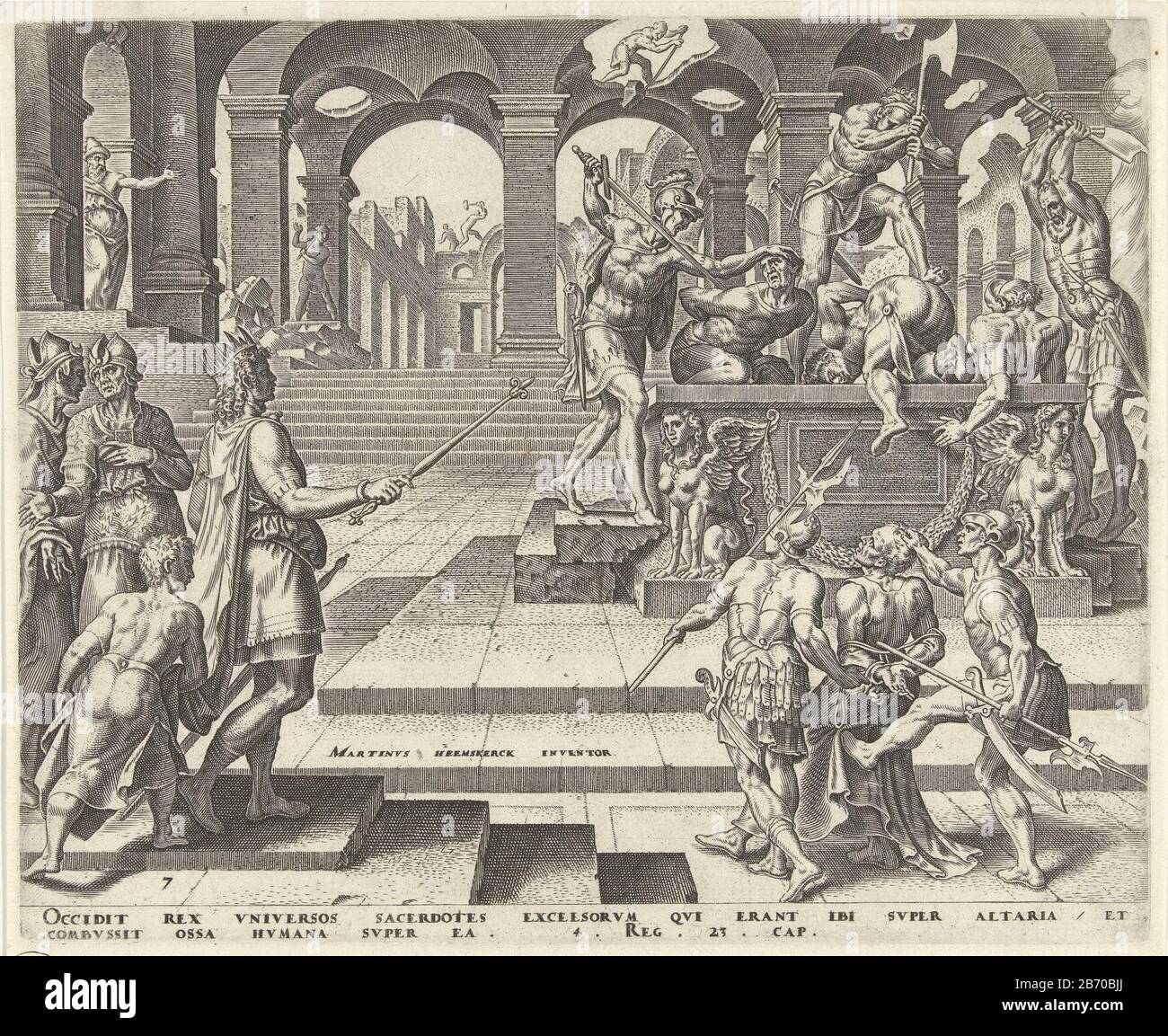 Koning Josia geebet opdracht de priesters van de tempels in Samaria te vermoorden Geschiedenis van koning Josia (serietitel) Re Giosia istruisce i sacerdoti dei templi in Samaria ad uccidere la storia di Re Giosia (titolo della serie) Tipo Di Proprietà: Stampa numero di serie: 7 / 8Objectnummer: RP-P-OB-5943Catalogusreferentie: New Hollstein Dutch 47-1 ( 3) New Hollstein Dutch 149Opmerking: Heemskerckstraat Descrizione: Il re Giosia si trova nel tempio di Samaria e lascia che i sacerdoti uccidano sugli altari. I soldati di Giosia colpiscono i sacerdoti con gli assi e con il peso: Den. Produttore : stampatore: Philips Gall a progettare Foto Stock