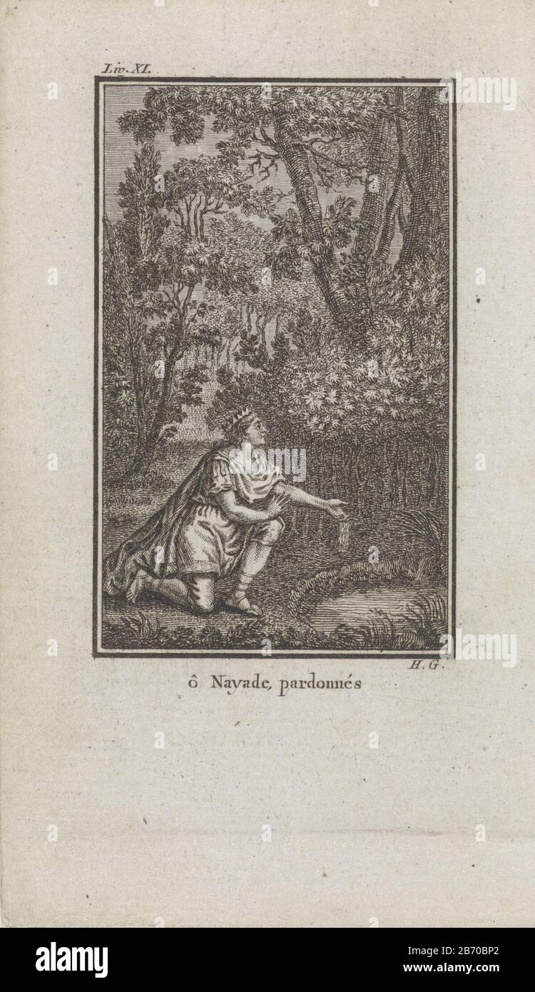 Koning Numa vindt de heilige bron van de nimf Egeria re Numa inginocchiato davanti alla sorgente Santa della ninfa Egeria e chiede ad alta voce se deve bere l'acqua. Con un'onderschrift francese. Produttore : stampatore Henri-Joseph Godin (proprietà in elenco) scrittore: Jean Pierre Claris de Florian Editore: Benoît le FrancqPlats fabbricante: Stampatore: Liegi Editore: Bruxelles Data: 1790 caratteristiche Fisiche: Engra e materiale di stampa: Carta Tecnica: Engra (processo di stampa ) / formati di stampa: Foglia: B 136 mm × h 75 mmToelichtingBoekillustratie Jean Pierre Claris de Florian, 'Numa Pompilius, se Foto Stock