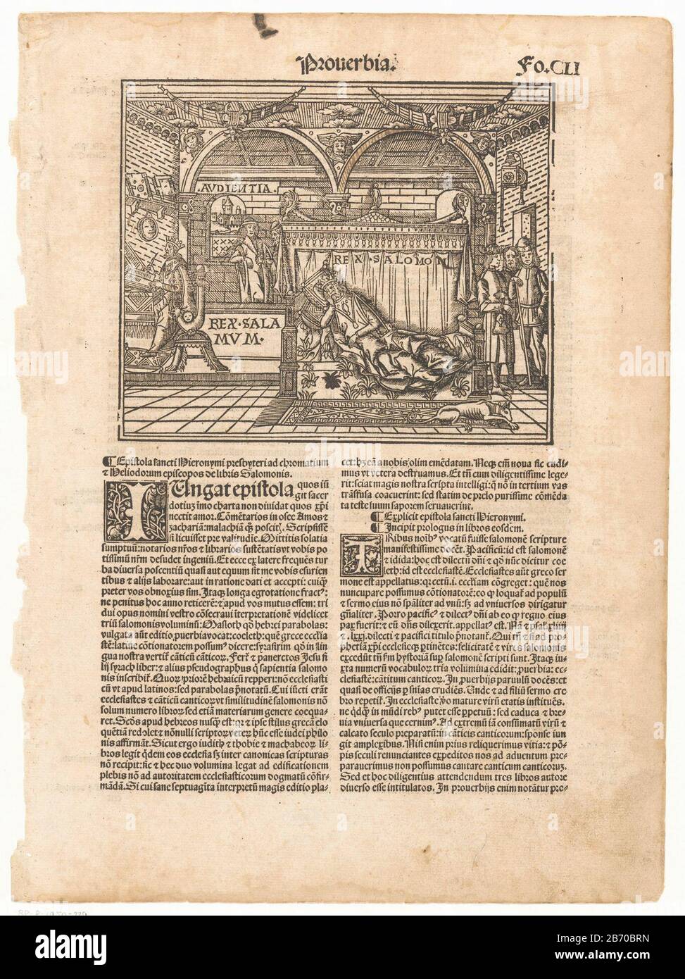 Koning Salomon in bed en aan een schrijfafel Sotto la mostra un testo latino in due colonne. Sopra la rappresentazione: Proverbia. Produttore : produttore di stampe: Anonymous location manufacturing: Italy Data: 1500 - 1599 caratteristiche Fisiche: Legno blocco, modificato con penna in marrone; testo su stampa verso materiale: Inchiostro per carta Tecnica: Legno / penna dimensioni: Immagine: H 138 mm × W 167 mmblad: H 341 mm × W 250 mm Soggetto la storia di Solomon Foto Stock