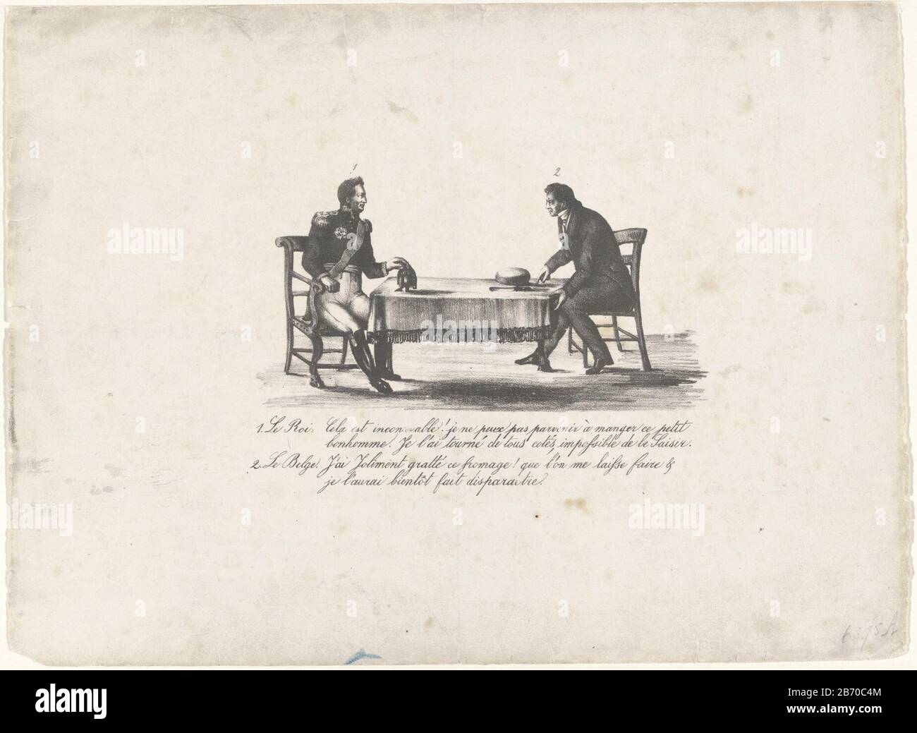 Koning Willem i en een Belg aan tafel, 1830 Cartoon sulla perdita del Belgio nel 1830. Re William è un tavolo belga. Il re ricevette una piccola figura, una bambola dal belga al re ricevette un formaggio olandese. Nella firma la conversazione tra il twee. Produttore : tipografo: Anonymous location produzione: Belgio Data: 1830 - 1831 caratteristiche Fisiche: Litografia materiale: Carta tecnica: Litografia (tecnica) dimensioni: Foglio: H 277 mm × W 377 mmToelichtingNiet in Frederik Muller; aggiunto da RPK nummer. Oggetto: Rivoluzione belga del formaggio Quando: 1830 - 1830Wie: Guglielmo i Foto Stock