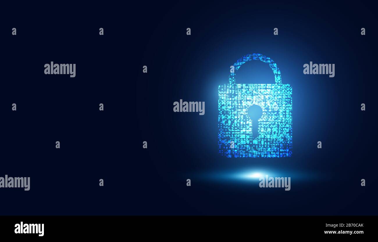 Tecnologia astratta cyber sicurezza sicurezza informazioni privacy lock futuristico blu con background di dati digitali binari. Illustrazione Vettoriale