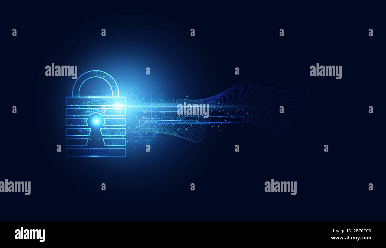 Astratta sicurezza informatica con lucchetto blu onda velocità tecnologia Futuro cyber sfondo. Illustrazione Vettoriale