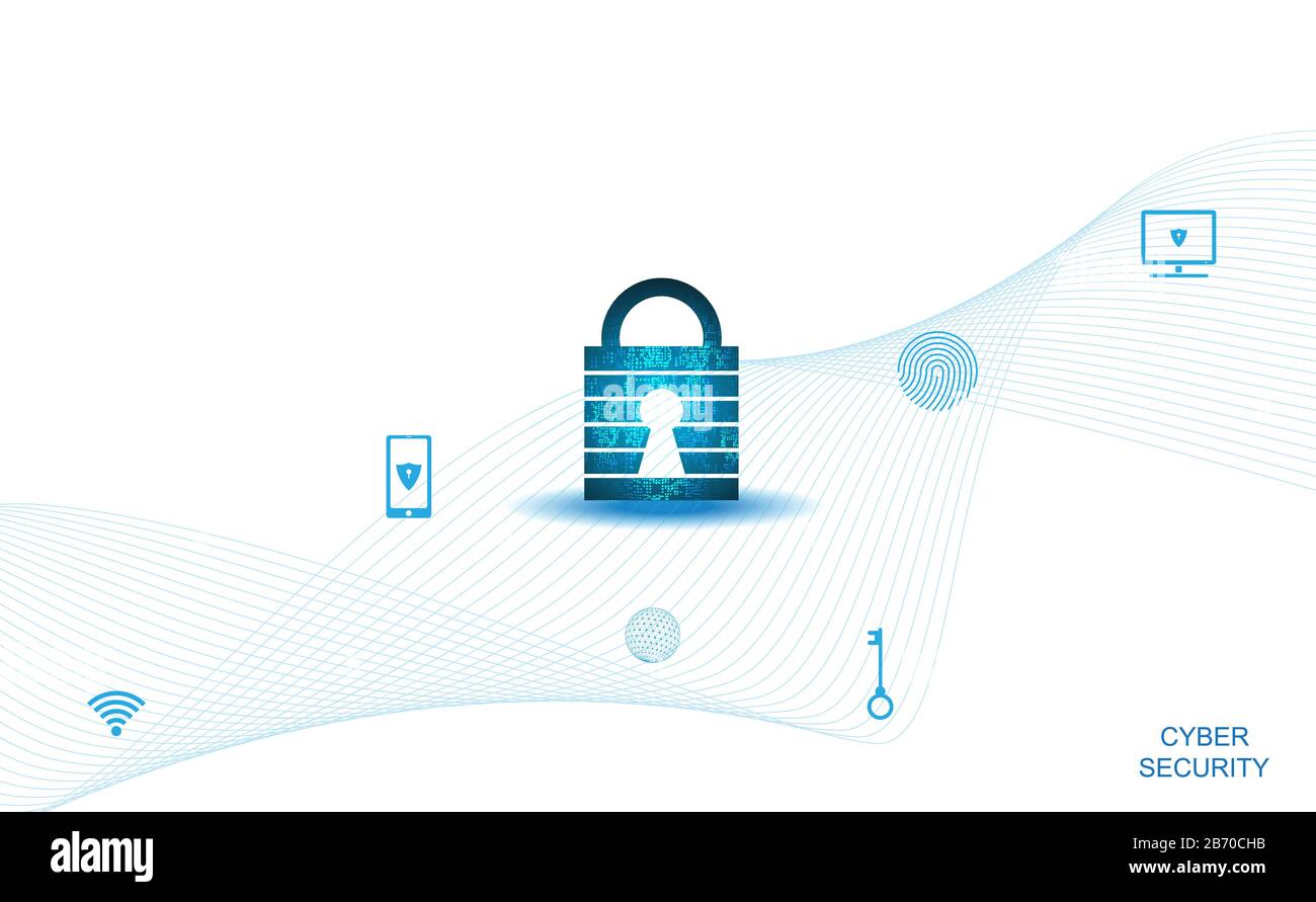 Astratta sicurezza informatica con lucchetto blu su bianco e tecnologia icona Futuro cyber sfondo. Illustrazione Vettoriale