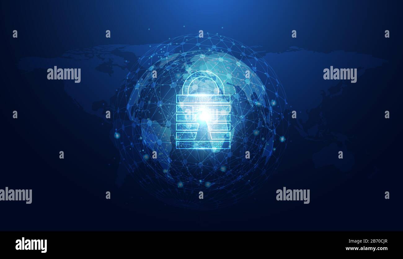 Astratta sicurezza informatica con lucchetto blu mondo cerchio tecnologia Futuro cyber sfondo. Illustrazione Vettoriale