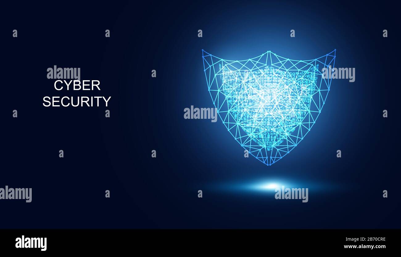 Astratta sicurezza informatica con Shield Blue tecnologia wireframe Futuro cyber background. Illustrazione Vettoriale