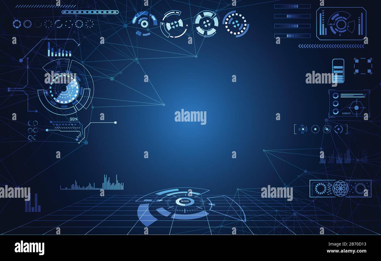 tecnologia astratta ui concetto futuristico interfaccia hud elementi ologramma di data chart digitale, comunicazione, calcolo e cerchio percentuale vitalità Illustrazione Vettoriale