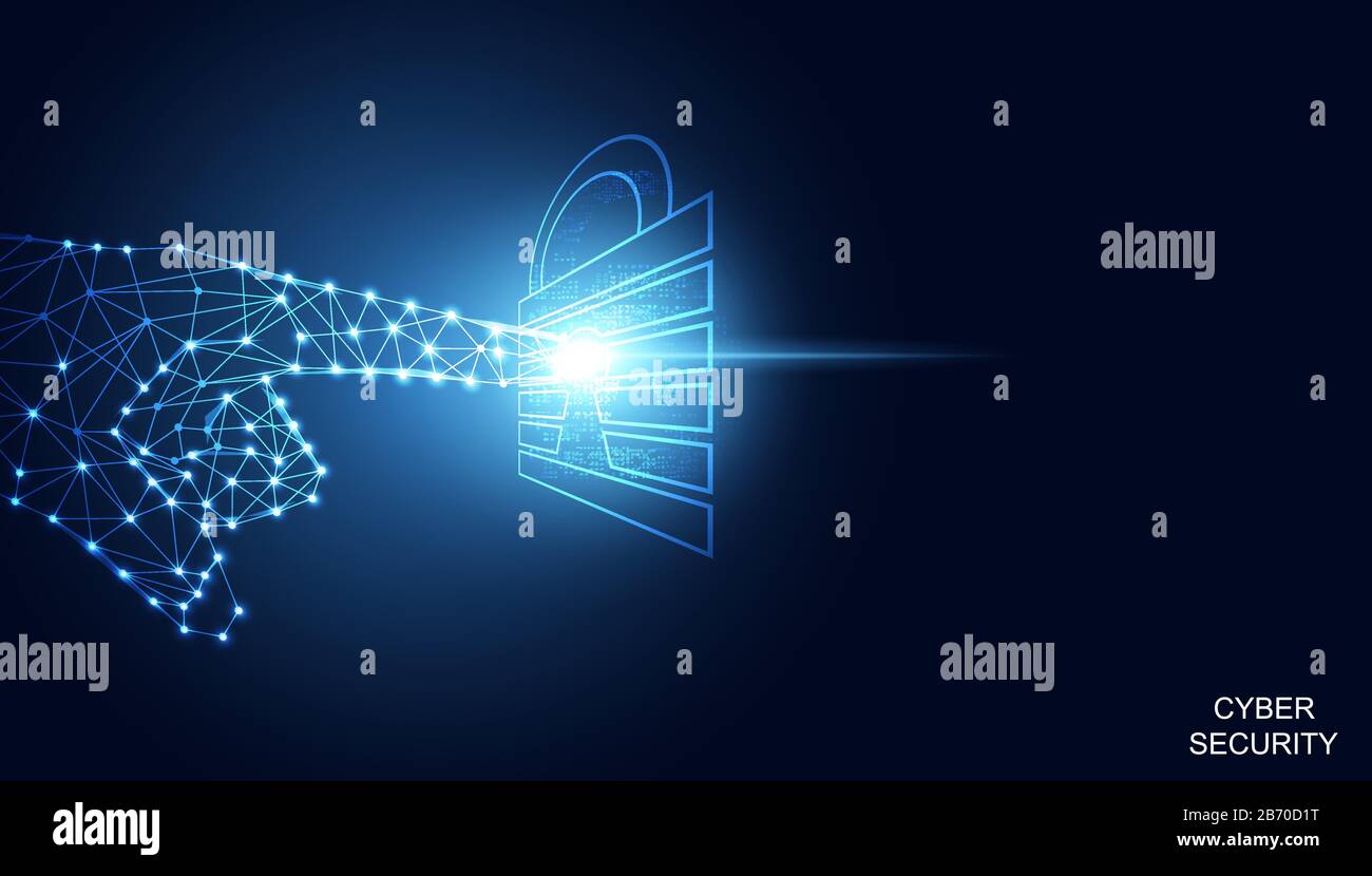 Astratto tecnologia linea triangolo e punti basso poligonali futuro moderno wireframe su lucchetto hi tech futuro sfondo blu. Illustrazione Vettoriale