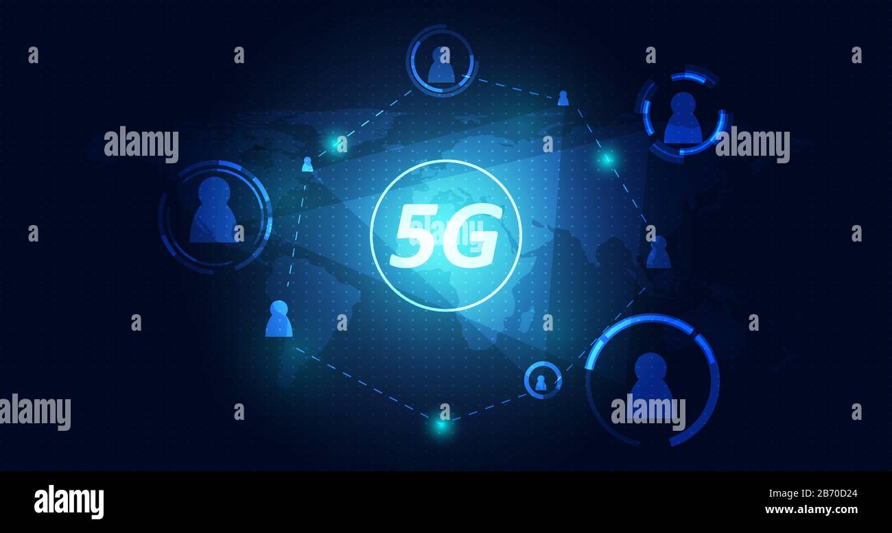 Abstract 5G wireless internet wifi rete tecnologia concetto mappa rete digitale internet wireless su sfondo blu. Illustrazione Vettoriale