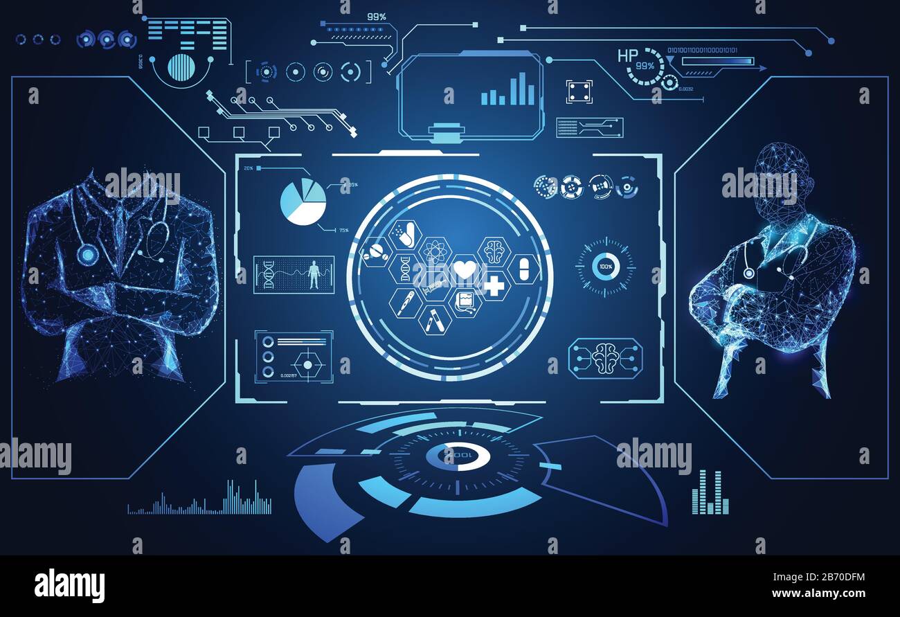 la scienza medica astratta di salute consiste nel trattamento futuristico digitale del medico ologramma virtuale, medicina e collegamento del sistema di comunicazione su hi Illustrazione Vettoriale