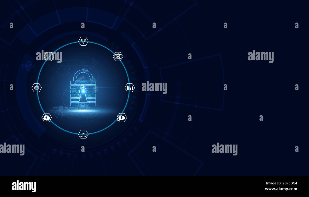 Illustrazione astratta del vettore blu con un concetto futuristico contro la minaccia cibernetica sotto forma di icone, costituito da icone aziendali, comunicazioni, c Illustrazione Vettoriale