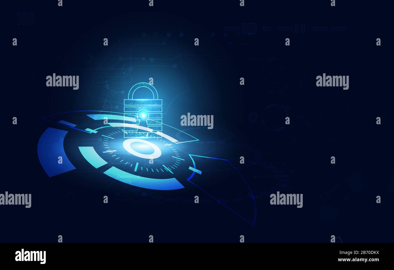Immagine astratta blu con sfondo futuristico moderno blocco chiave personalizzato Correlato al concetto di prevenzione del furto di cyber difesa Cyber Security. Illustrazione Vettoriale
