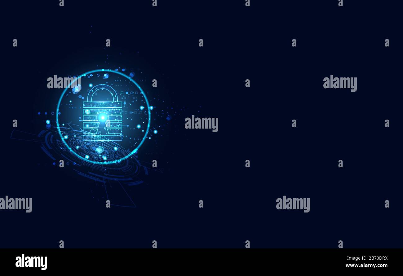 Immagine astratta blu con sfondo futuristico moderno blocco chiave personalizzato Correlato al concetto di prevenzione del furto di cyber difesa Cyber Security. Illustrazione Vettoriale