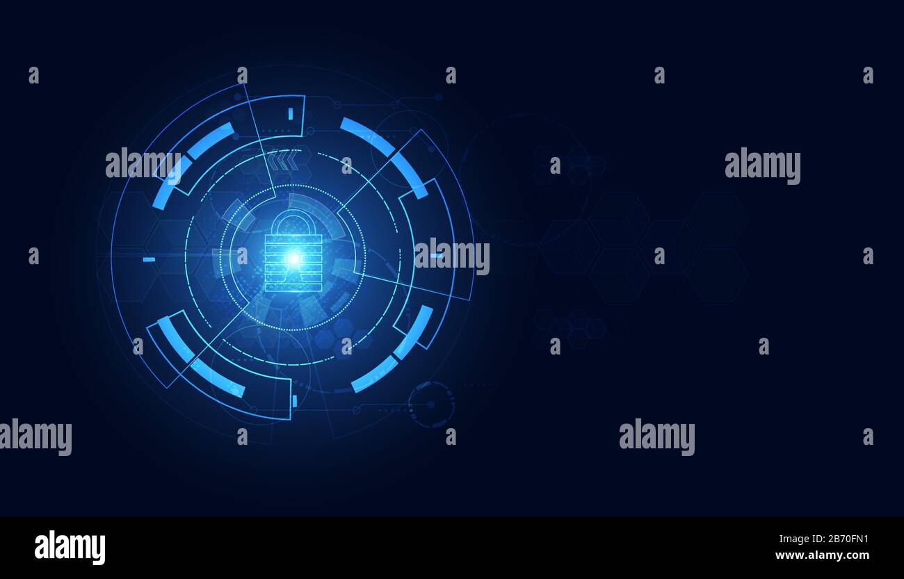 Tecnologia astratta cyber sicurezza cerchio informazioni sulla privacy concetto di rete lucchetto protezione rete digitale collegamento internet su hi tech blu futuro Illustrazione Vettoriale