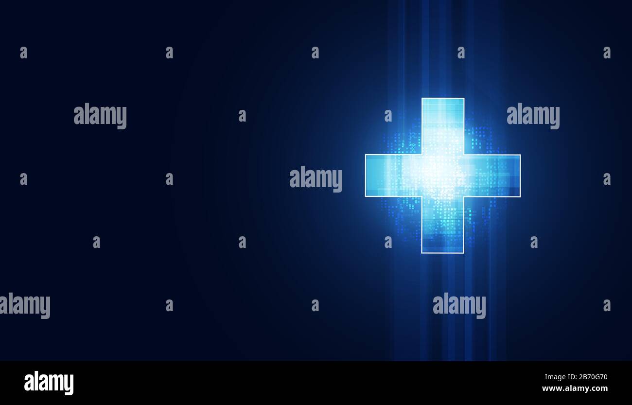 La scienza astratta della salute consiste nel concetto di salute più tecnologia digitale moderna medica su sfondo blu futuro hi-tech. Illustrazione Vettoriale