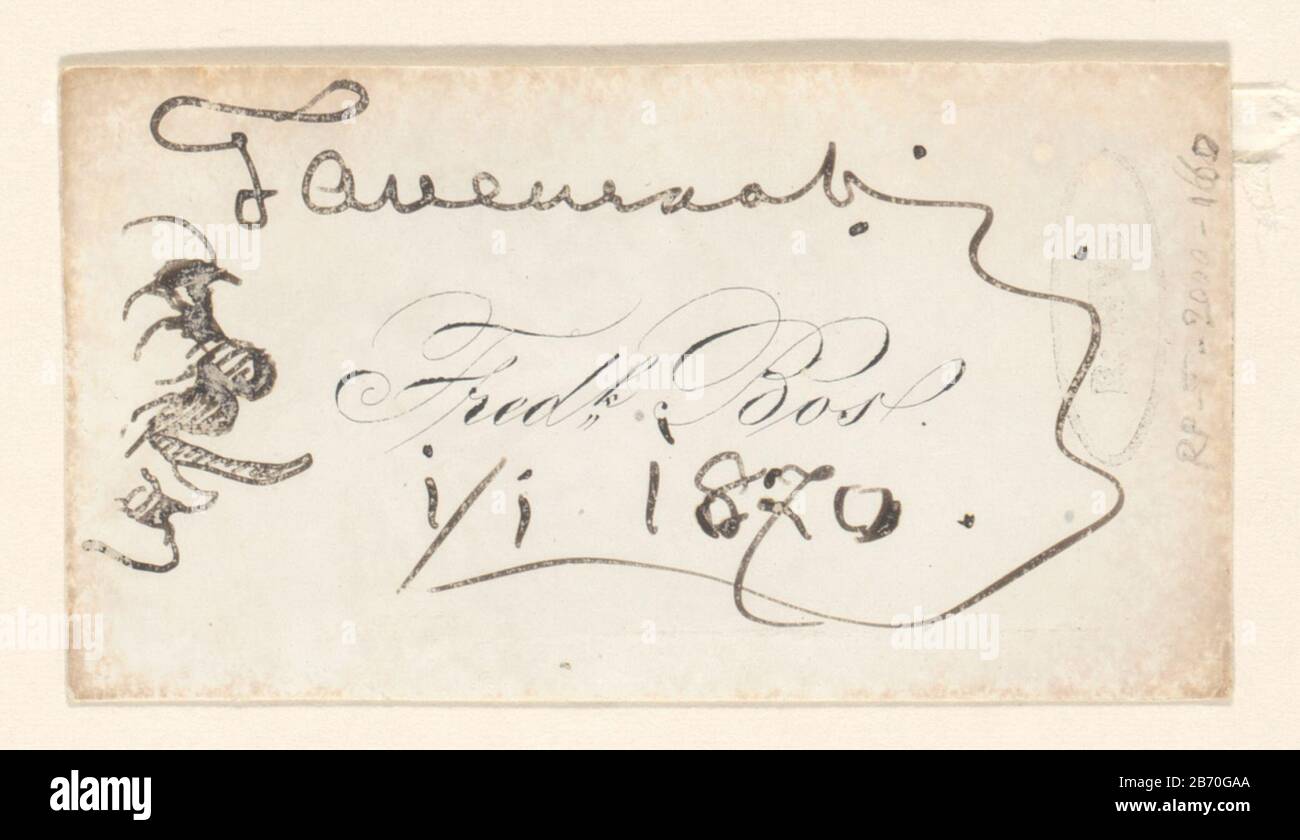 Kop met uitgestoken tong Karikaturale kop met uitgestoken tong, getekend op het visitekaartje van: 'Fred.k Bos'. Produttore : disegnatore: Johannes Tavenraat (eigenhandig gesigneerd) datazione: 1-jan-1870 kenmerken Fisico: Penna in bruin op geporseleind karton Materiale: Geporseleind karton inkt Techniek: Pen dimensioni: H 42 mm × b 77 mm Soggetto: Caricature (tipi umani) Foto Stock