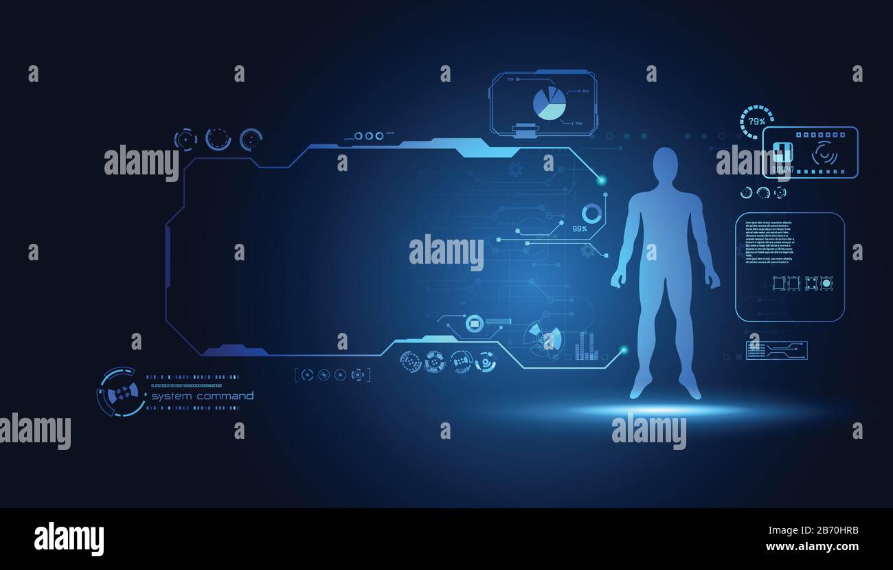 Tecnologia astratta concetto di scienza dati umani salute digitale : hud elementi di interfaccia di analisi della medicina impronte digitali, cervello, DNA e vitalità percentuale Illustrazione Vettoriale