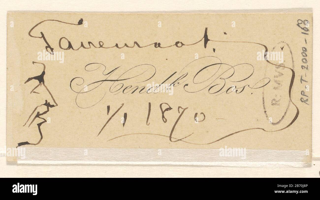 Kop Kop in profiel. Getekend op het visitekaartje van: 'Hend.k Bos'. Produttore : disegnatore: Johannes Davenraat (eigenhandig gesigneerd) datazione: 1-jan-1870 kenmerken Fisico: Penna in bruin op karton Materiale: Karton inkt Techniek: Pen dimensioni: H 37 mm × b 74 mm Soggetto: Caricature (tipi umani) Foto Stock
