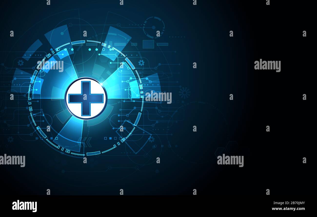 La scienza astratta della salute consiste in salute più tecnologia digitale concetto di moderna tecnologia medica, Trattamento, medicina su hi tech futuro sfondo blu Illustrazione Vettoriale