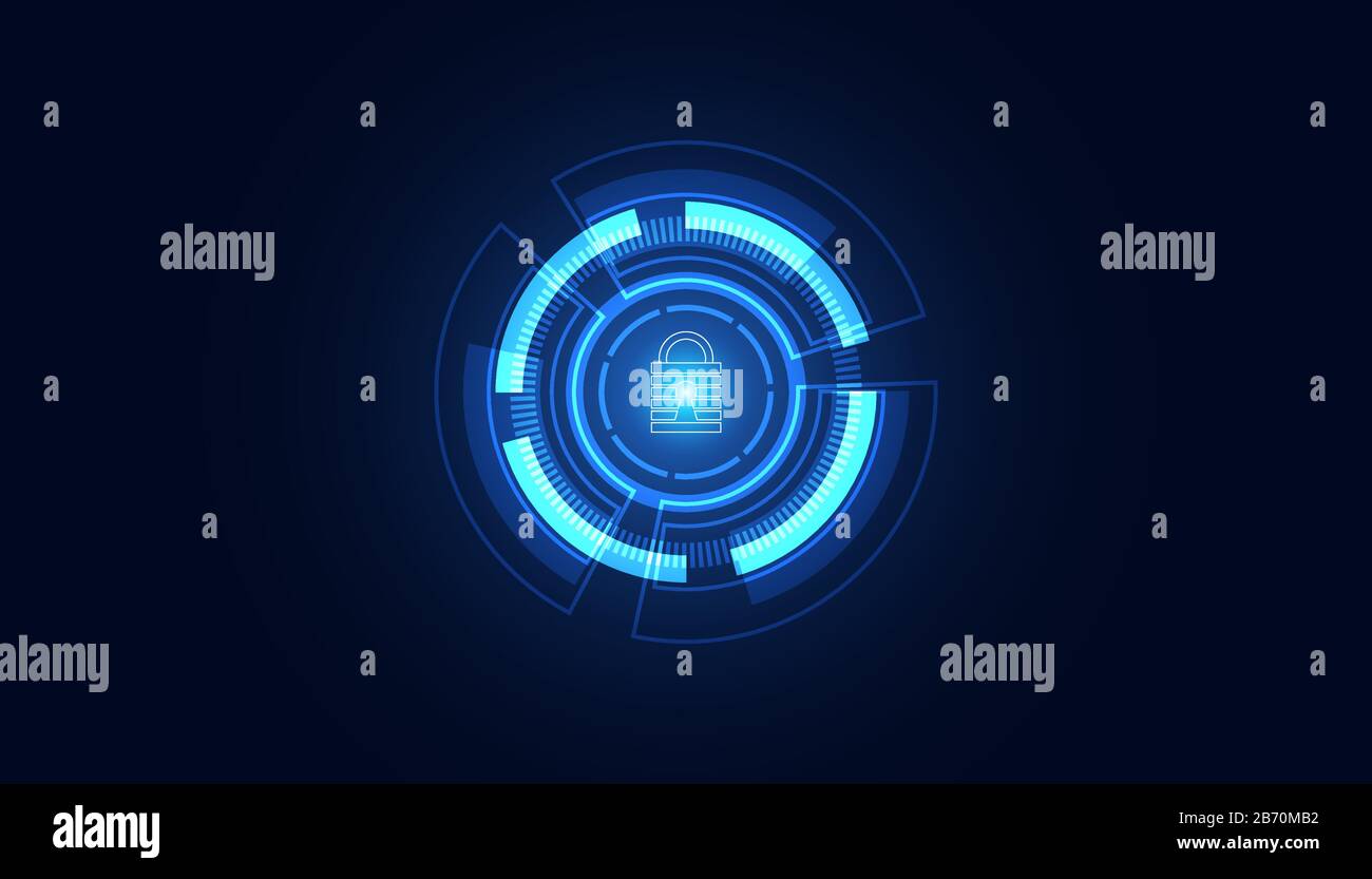 Astratta sicurezza informatica con lucchetto blu cerchio tecnologia Futuro cyber sfondo. Illustrazione Vettoriale
