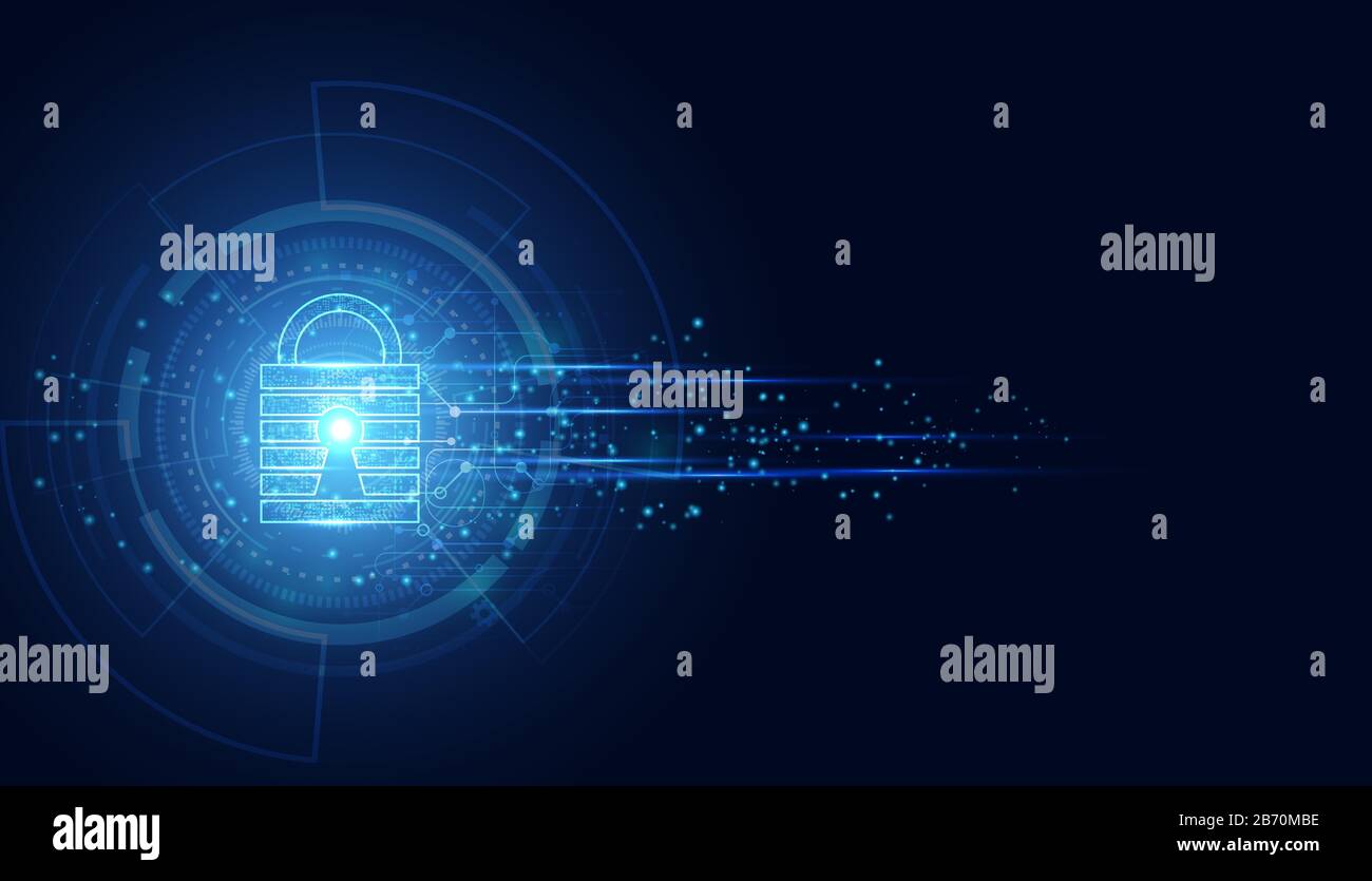 Astratta sicurezza informatica con lucchetto blu onda velocità tecnologia Futuro cyber sfondo. Illustrazione Vettoriale