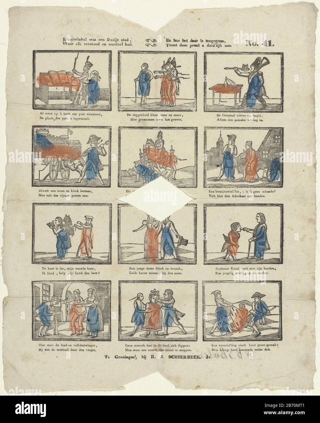 Kraaivinkel era een fraaije stad, Waar elk verstand en oordeel had En hoe het daar is toegegaan, Toont deze prent u duid'lijk aan (titel op object) foglio con 12 spettacoli di varie figure tra cui militare, un criminale e una giovane signora e il suo amante. Sotto ogni immagine un verso a due linee. Numerato in alto a destra: N. 41. Produttore : Venditore: Rudolph Jacob Schierbeek (edificio elencato) Editore: Johannes Theodorus Wijnhoven-Hendriksen Stampa autore: Anonimo luogo fabbricazione: Venditore: Groningen Editore: Rotterdam Data: 1832 - 1850 caratteristiche Fisiche: Legno tagliato colorato in arancione e blu; testo prin Foto Stock
