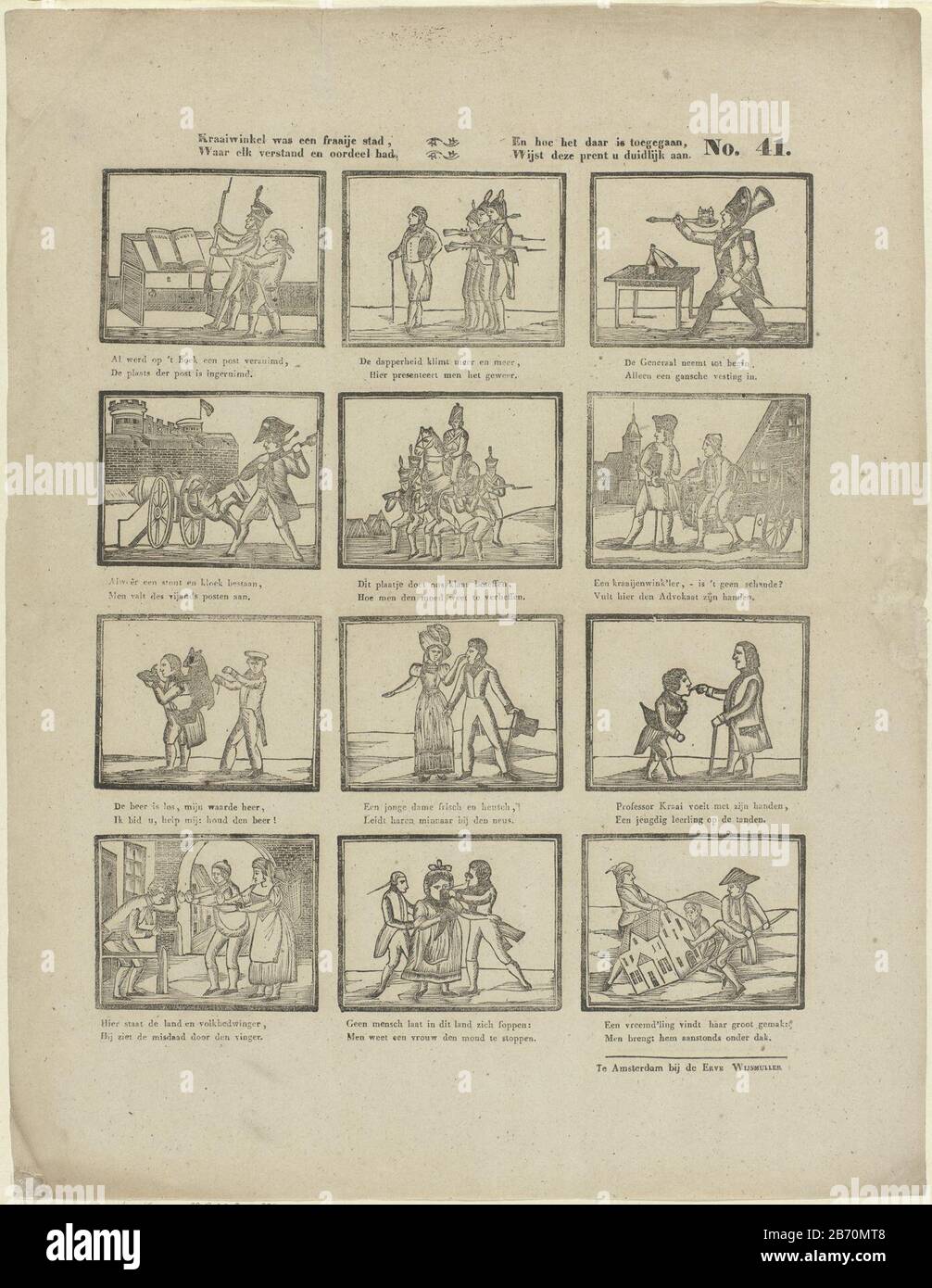 Kraaivinkel era een fraaije stad, Waar elk verstand en oordeel had En hoe het daar is toegegaan, Toont deze prent u duid'lijk aan (titel op object) foglio 12 prestazioni di varie figure tra cui militare, un criminale e una giovane signora e il suo amante. Sotto ogni immagine un verso a due linee. Numerato in alto a destra: N. 41. Produttore : Venditore: Preserve Wijsmuller (edificio elencato) Editore: Theodore John Wijnhoven-Hendriksen Stampa autore: Anonimo luogo fabbricazione: Venditore: Amsterdam Editore: Rotterdam Data: 1832 - 1850 caratteristiche Fisiche: Legno tagliato e testo materiale di stampa: Carta Tecnica: Legno Foto Stock