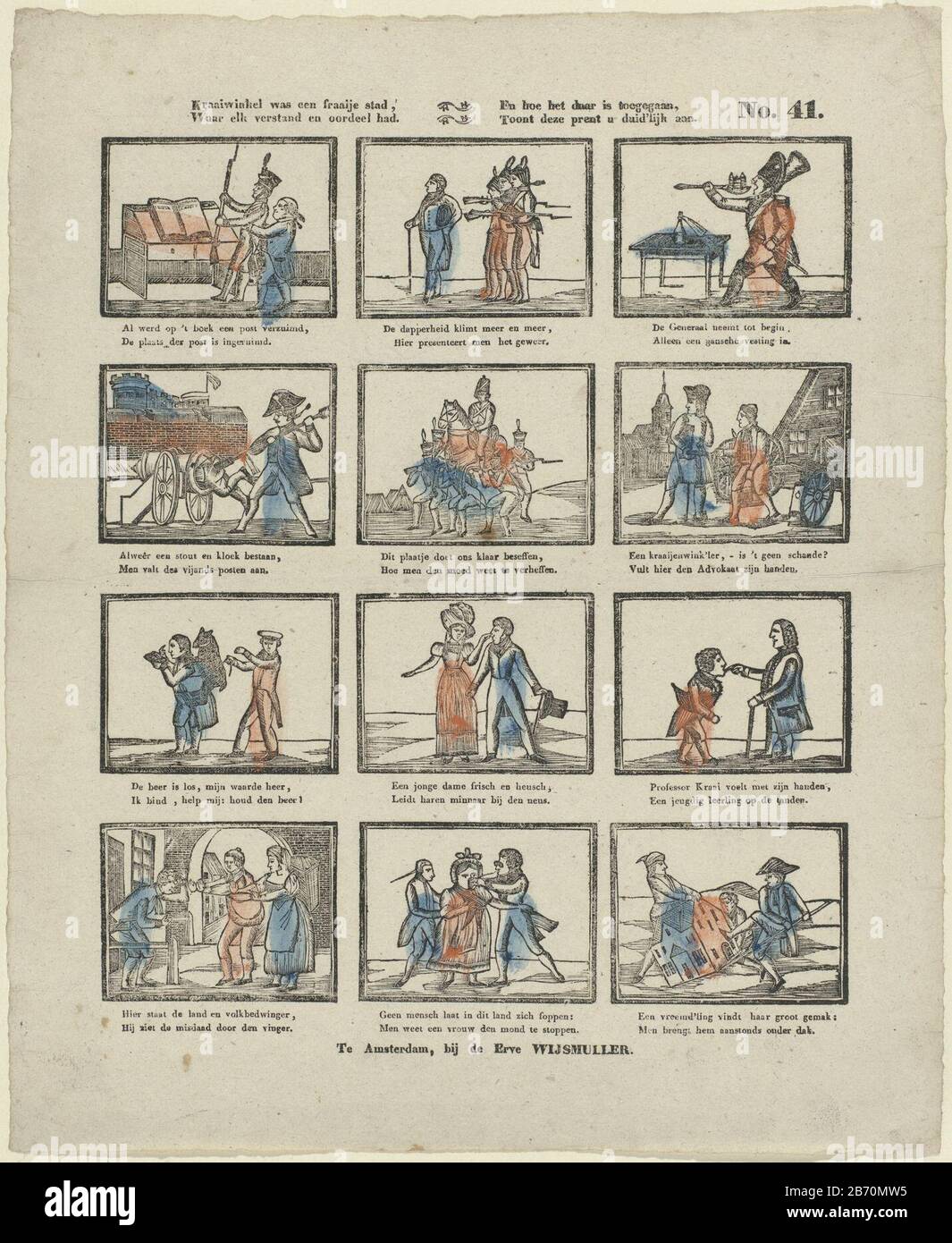 Kraaivinkel era een fraaije stad, Waar elk verstand en oordeel had En hoe het daar is toegegaan, Toont deze prent u duid'lijk aan (titel op object) foglio 12 prestazioni di varie figure tra cui militare, un criminale e una giovane signora e il suo amante. Sotto ogni immagine un verso a due linee. Numerato in alto a destra: N. 41. Produttore : Venditore: Preserve Wijsmuller (edificio elencato) Editore: Johannes Theodorus Wijnhoven-Hendriksen Stampa autore: Anonimo luogo fabbricazione: Venditore: Amsterdam Editore: Rotterdam Data: 1832 - 1850 caratteristiche Fisiche: Legno tagliato colorato in arancione e blu; mater per la stampa di testo Foto Stock