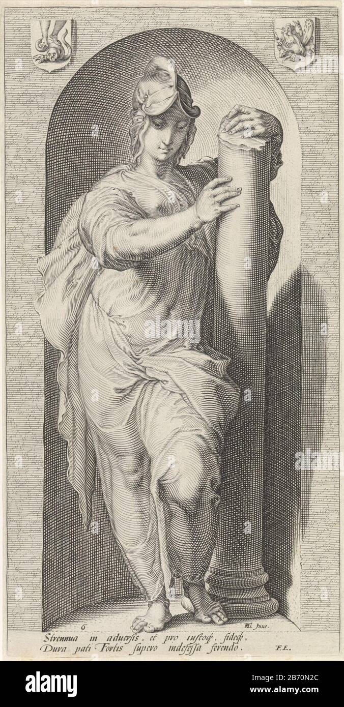 Kracht (Fortitudo) De zeven hoofddeugden (seriettel) donna in piedi accanto a un pilastro, in una nicchia, come la personificazione di kracht. Produttore : stampatore Jan Saenredam al disegno: Hendrick Goltzius (edificio elencato) autore: Franco Estius (oggetto elencato) Luogo produzione: Paesi Bassi del Nord Data: 1593 caratteristiche Fisiche: Materiale per auto: Tecnica della carta: Engra (processo di stampa) dimensioni: Bordo della lastra: H 323 mm × W 167 mm Oggetto: Fortezza, "Fortitudo"  Una Delle Quattro Virtù cardinali Foto Stock