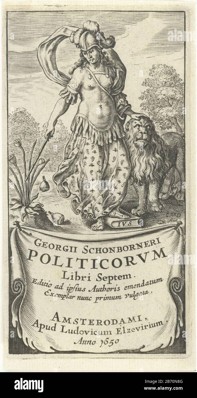 Kracht als vrouwelijke soldaat in wapenrusting ha incontrato leeuw Titelpagina voor Politicorvm libri settem, Amsterdam 1650 Politicorvm libri settem (titel op object) personificazione femminile Di Forza e Coraggio, una delle virtù cardinali, vestita come soldato in armatura. La sua mano poggia sulla testa di un leone con un bastone che fanno girare testicoli di una pianta di papavero. Su un panno o cartouche, il titel. Produttore : stampatore Cornelis van Dalen (i) (edificio elencato) editore: Lowijs Elzevier (III) (edificio elencato) Luogo fabbricazione: Amsterdam Data: 1650 caratteristiche Fisiche: Materiale dell'automobile: Carta Tecnica: Engra Foto Stock