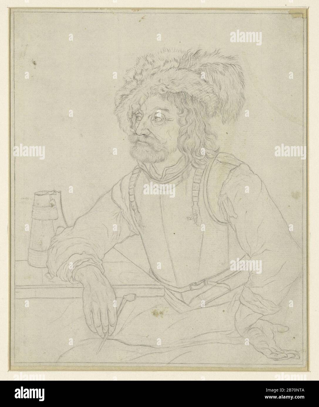 Krijgsman aan taxel Bozza prent. Produttore : artista: Johann Nepomuk Strixnernaar dipinto di Frans van Mieris Data: 1819 caratteristiche Fisiche: Matita materiale: Carta matita dimensioni : h 198 mm × W 162 mm Foto Stock