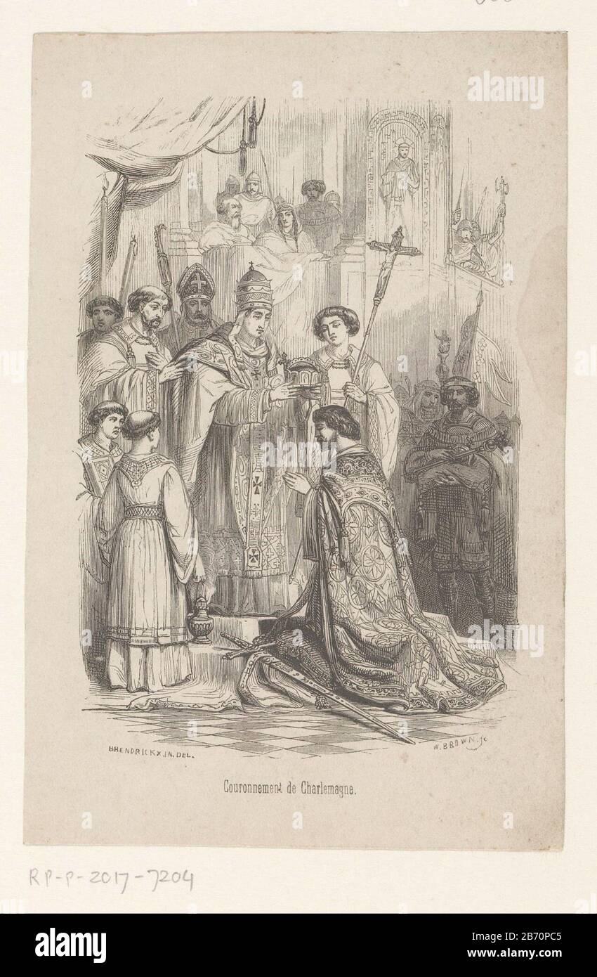 Kroning van Karel de Grote, in het jaar 800 Couronnement de Charlemagne (titel op Object) Carlo Magno grande 25 dicembre 800 da Papa Leone III ad Aachen imperatore del Sacro Romano Impero gekrod. Produttore : stampatore William Brown (edificio elencato) per il disegno di Henri Hendrickx (proprietà elencata) Luogo di fabbricazione: Belgio Data: 1830 - 1877 caratteristiche Fisiche: Legno engra materiale: Carta Tecnica: Legno engra dimensioni: Foglio: H 161 mm × W 106 mm Oggetto: Incoronazione di un righello se: 800-12-31 - 800-12-31 Foto Stock
