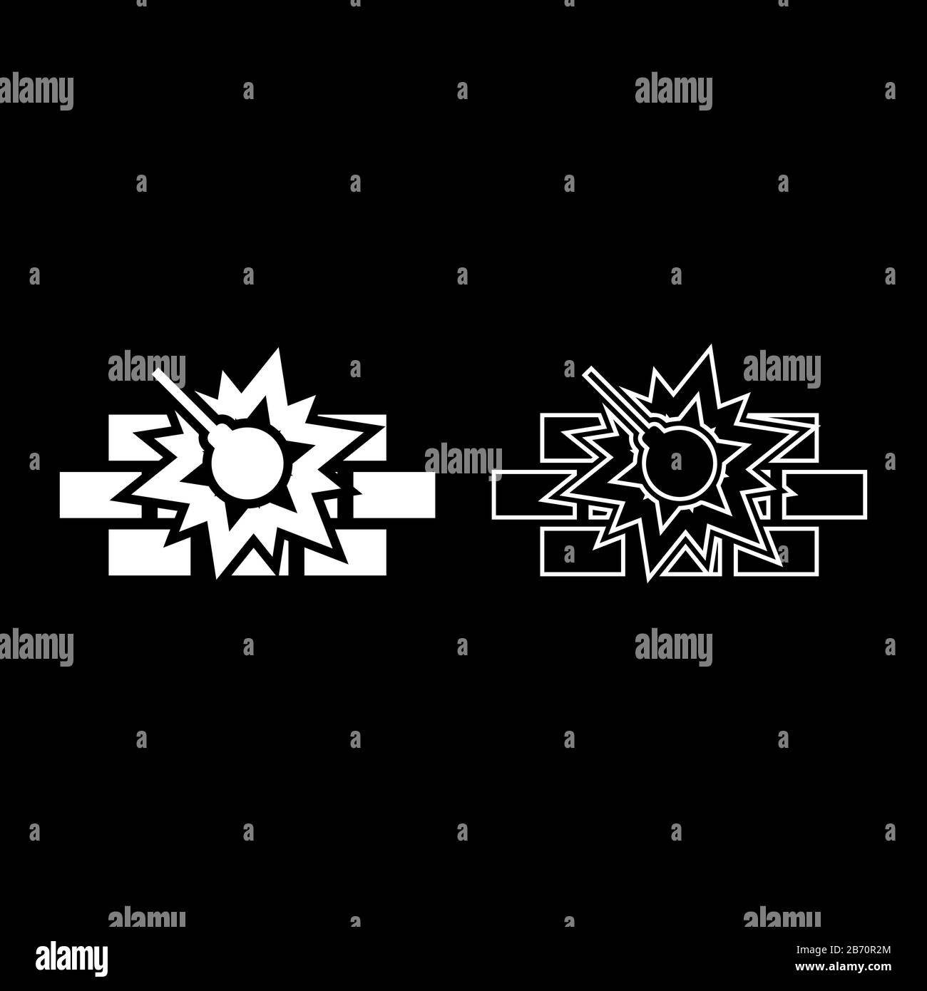 Macchina demolitrice di lavoro sulla costruzione di edifici che distruggono muro di mattoni con palla di metallo Wrecking casa casa concetting icona contorno set colore bianco Illustrazione Vettoriale