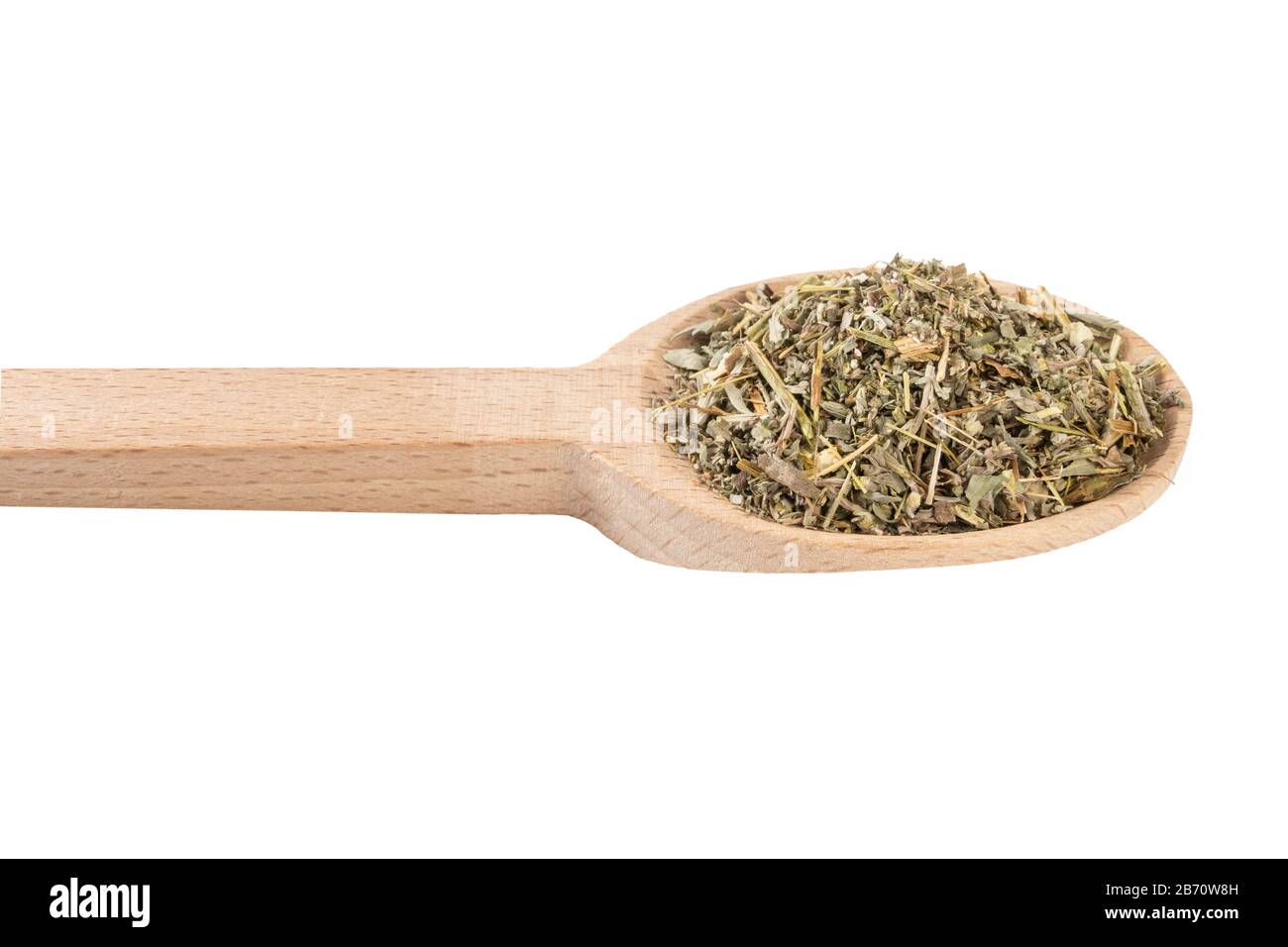 Erba di legno di Erba o in latino erba di Absinthii in cucchiaio di legno isolato su sfondo bianco. Erbe medicinali curative. Medicina erboristica. Farmaco alternativo Foto Stock