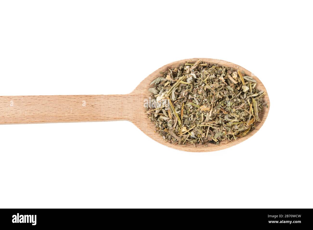 Erba di legno di Erba o in latino erba di Absinthii in cucchiaio di legno isolato su sfondo bianco. Erbe medicinali curative. Medicina erboristica. Farmaco alternativo Foto Stock
