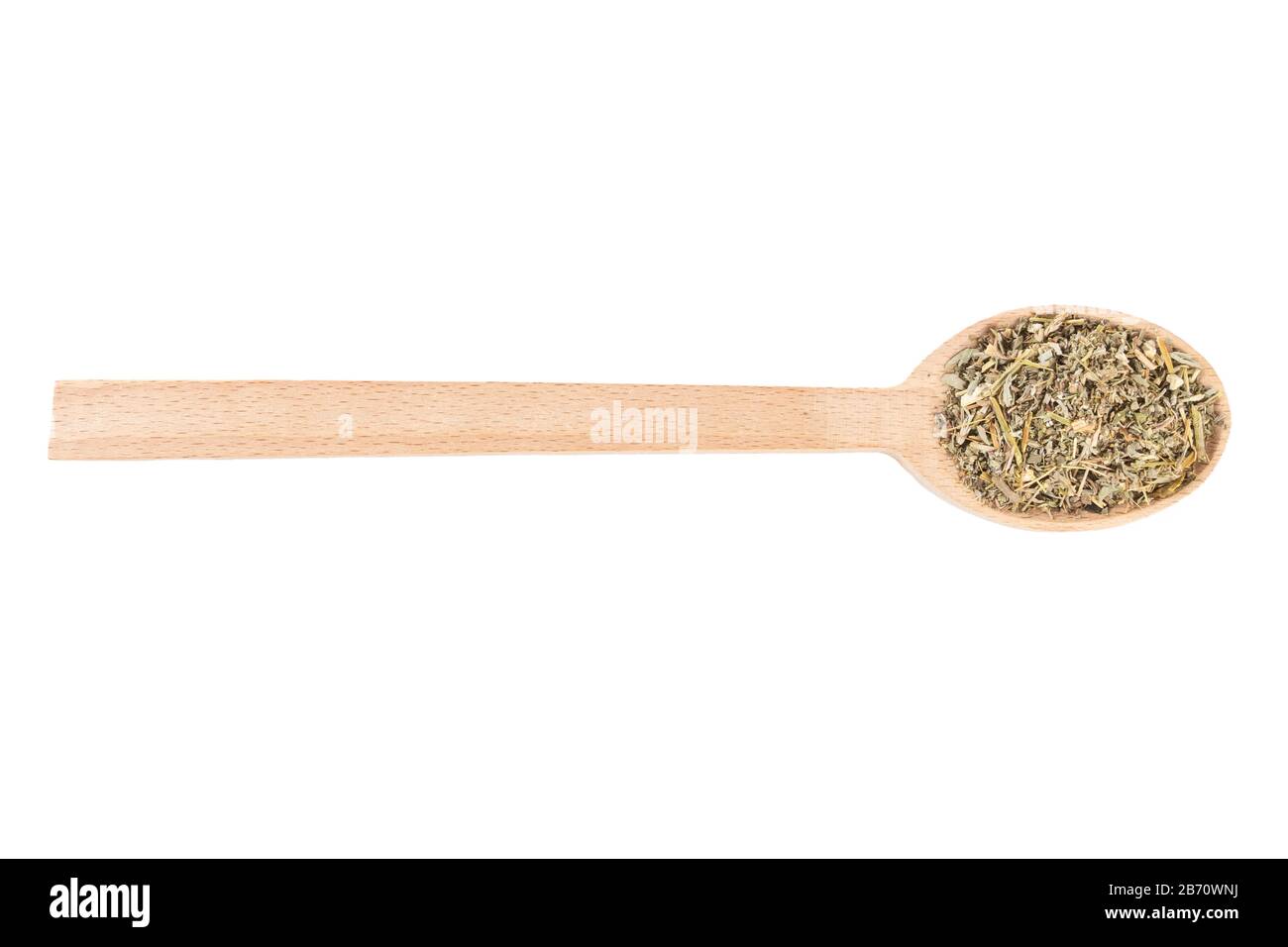 Erba di legno di Erba o in latino erba di Absinthii in cucchiaio di legno isolato su sfondo bianco. Erbe medicinali curative. Medicina erboristica. Farmaco alternativo Foto Stock