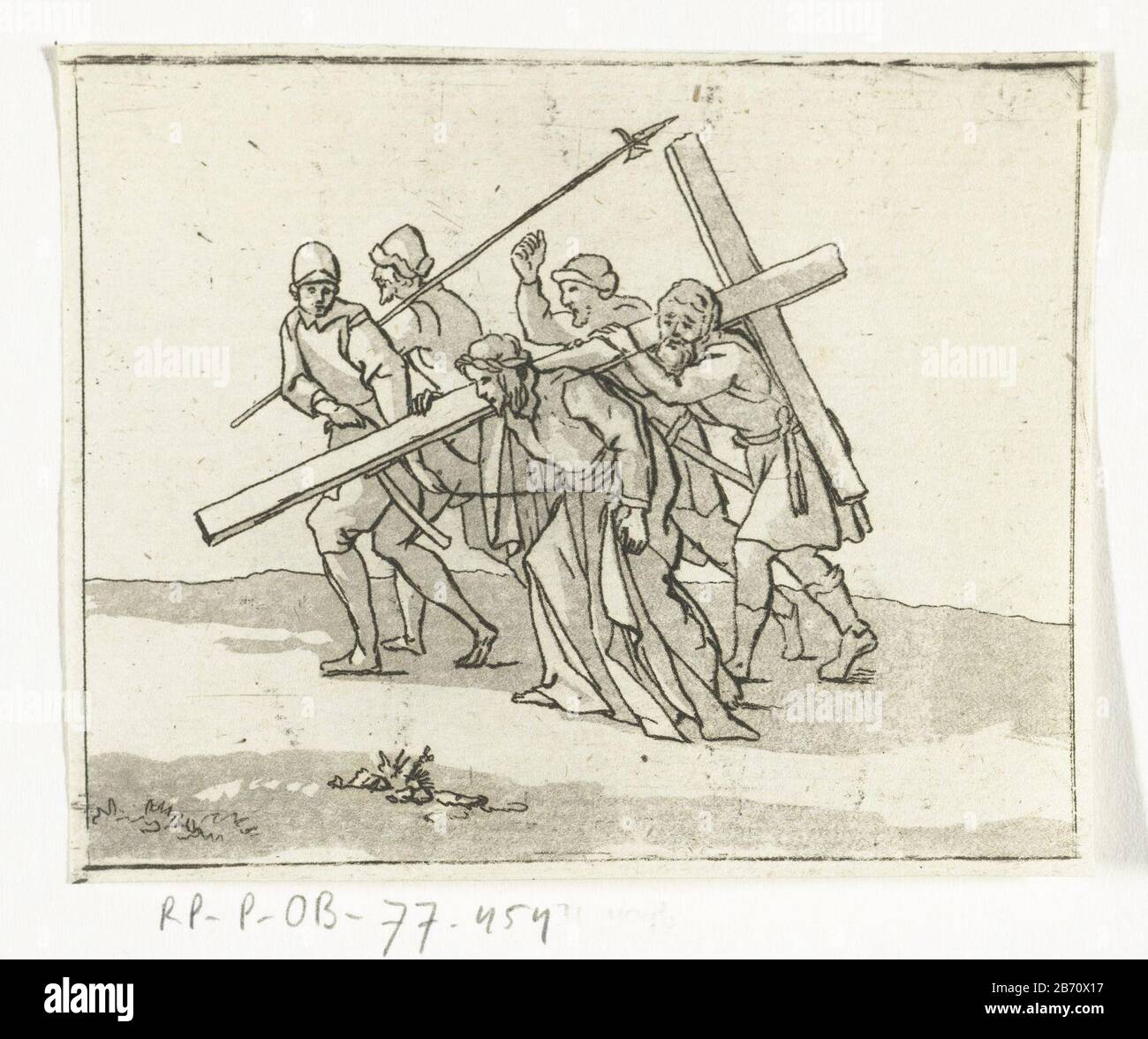 Kruisdraaging Cristo e Simone di Cirene portano la croce insieme sulle loro spalle. Essi sono accompagnati da tre soldati, dove, da uno e lancia draagt. Produttore : printmaker: Anthonie van den Bosnaar design Unknown place manufactured: Netherlands Data: CA. 1800 - ca. 1838 caratteristiche Fisiche: Acquaforte e acquatinta materiale: Carta Tecnica: Acquaforte / acquatinta dimensioni: Foglio: H 73 mm × W 90 mm Oggetto: Simone il Cireniano Costretto ad aiutare Cristo a portare la croce Foto Stock