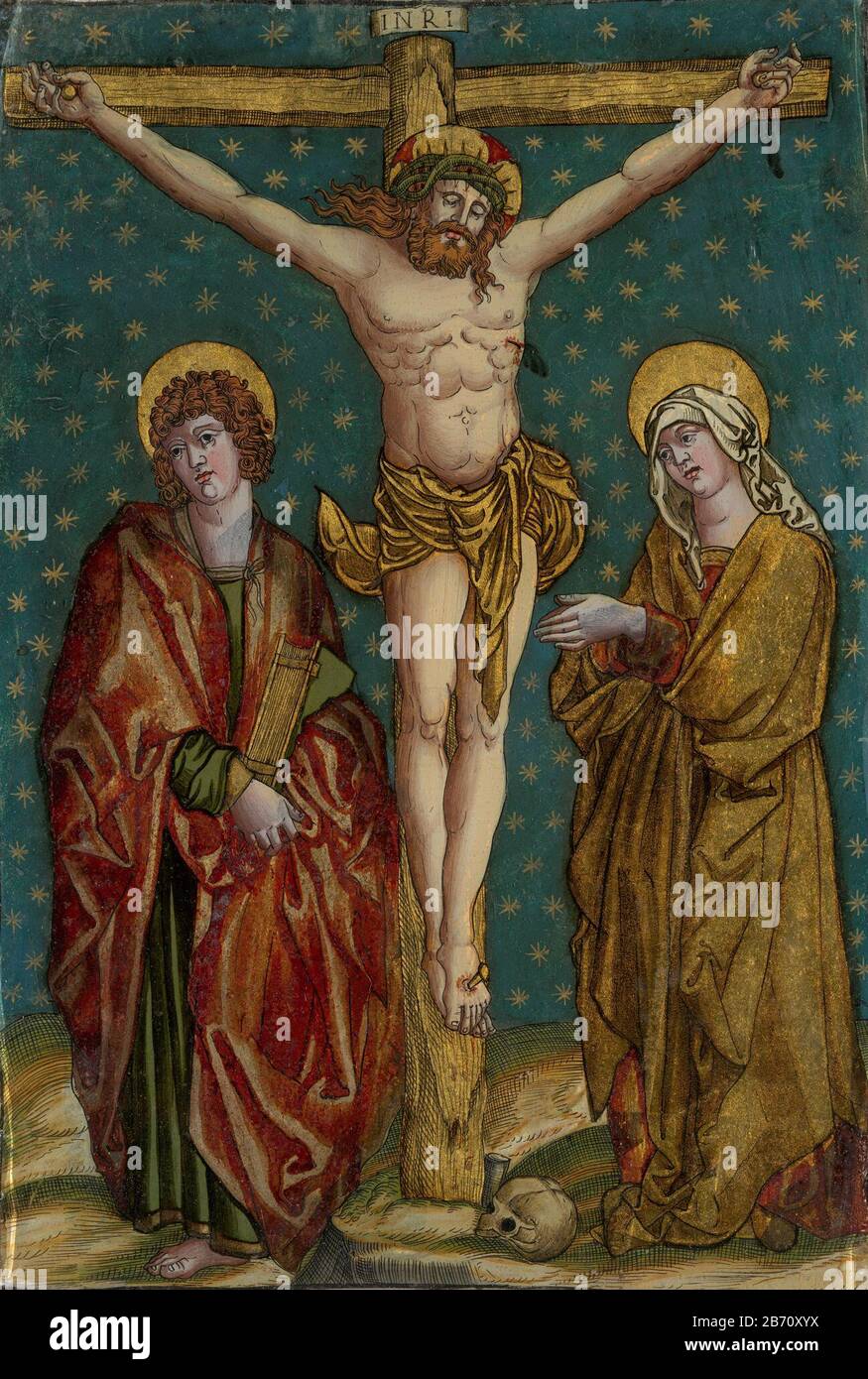 Kruisiging van Jezus ha incontrato Maria en Johannes, SK-A-5049 Crocifissione di Gesù con Maria destra e San Giovanni ha lasciato uno sfondo blu con stelle d'oro erop. Produttore : glazier: Anonimo da stampare da Marc Antonio Raimondinaar stampa da Albrecht Dürer Produzione Luogo: County Tirol Dating: CA. 1535 - ca. 1540 Caratteristiche Fisiche: Dietro la pittura di vetro: Foglia d'oro, foglia d'argento, lacca rossa e vernice su vetro materiali: Oro foglia argento vernice lacca tecnica: Pittura dietro il vetro dimensioni: H 26 cm. B × 18 cm. H × 40,1 cm. (Telaio incluso) × L 32,2 cm. (Telaio incluso) Foto Stock