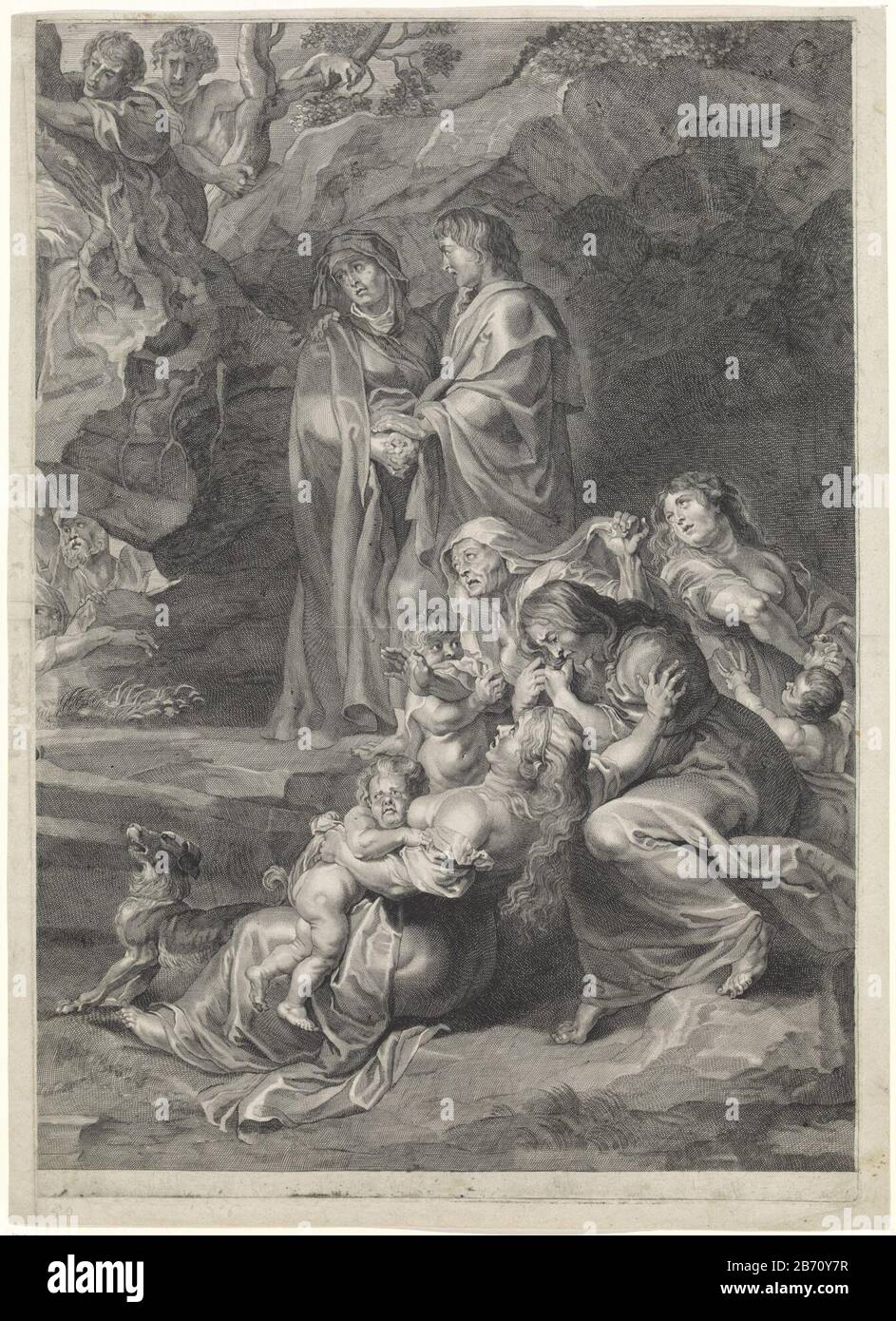 Kruisoprichting, rechterdeel la grie Maria Maddalena circondata da donne e bambini. Sullo sfondo, Giovanni Evangelista e Maria. Con una chiatta vuota. Produttore : stampatore Hans Wittoecknaar pittura di Peter Paul Rubens Luogo fabbricazione: Anversa Data: 1638 caratteristiche Fisiche: Engra; materiale di prova: Carta Tecnica: Engra (processo di stampa) dimensioni: Bordo della lastra: H 611 mm × W 428 mm Oggetto: Spettatori ai piedi della croce, tra I Quali Maria, Maria Maddalena e Giovanni Evangelista; Maria può essere mostrata swooning - DD - solo Cristo sulla croce e. Foto Stock