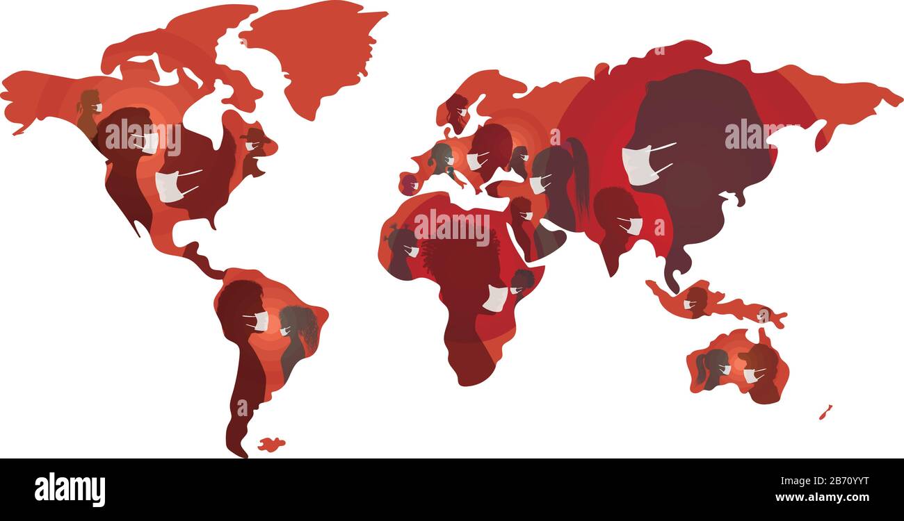Coronavirus. Mappa del mondo. Gruppo persone diversità indossare maschere mediche. Folla di persone che si progettano da infezione virale o batteriologica Illustrazione Vettoriale