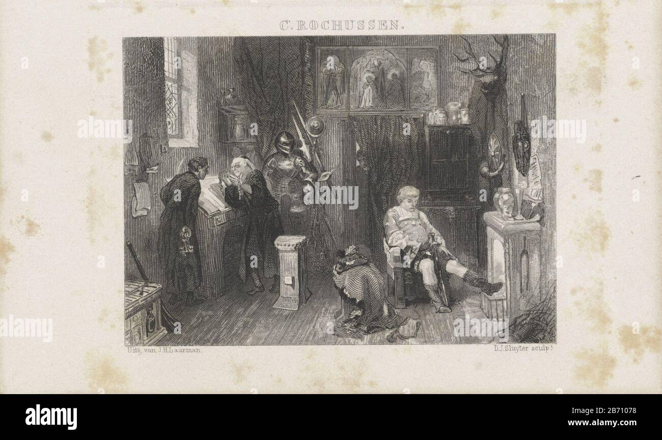 Kunstenaarskamer un uomo con occhiali si trova in una leggio di fronte ad una finestra. Guarda con l'uomo accanto a lui, tenendo un grande mazzo di chiavi, una catena. Un giovane - forse - costume da palcoscenico seduto su una sedia con un camino e riscalda i piedi. Una donna entra nella stanza attraverso un passaggio Dove: Appendere una tenda. La stanza è piena di curiosità: Un imbrago, tutti i vasi e appesi sul muro includono fogli di carta con immagini, uno scudo con il corno di polvere, un trittico con immagini religiose e gewei. Produttore : printmaker Dirk Jurriaan Sluyter (proprietà elencate) per disegnare: Charles Rochusse Foto Stock